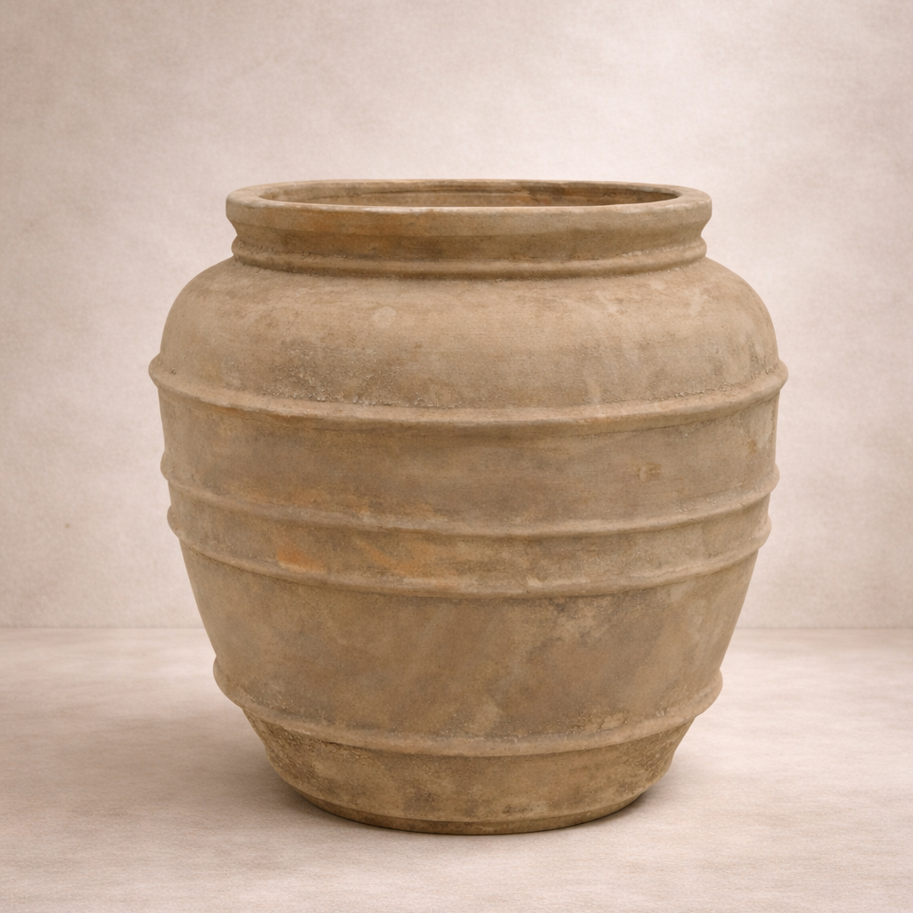 Antique terracotta Chambery jar in garden setting, Brisbane garden style