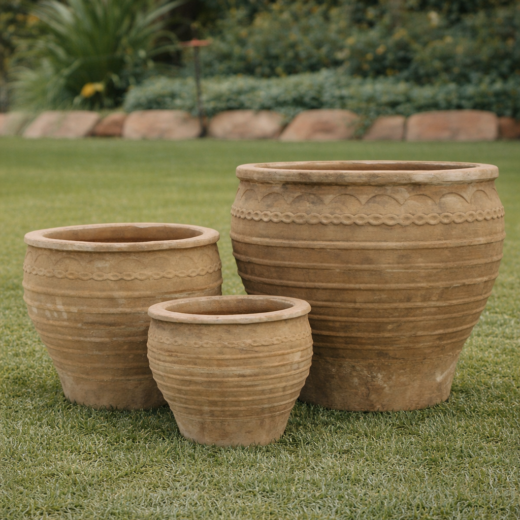 Antique terracotta La Rochelle pot in garden setting, Brisbane garden style