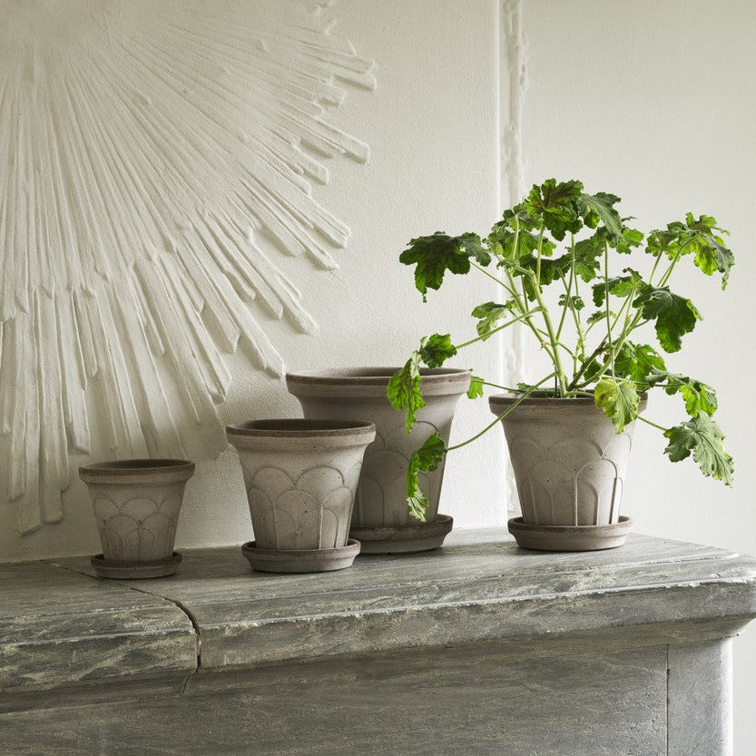 Bergs Potter Fleur grey terracotta pot with embossed floral relief and matching saucer