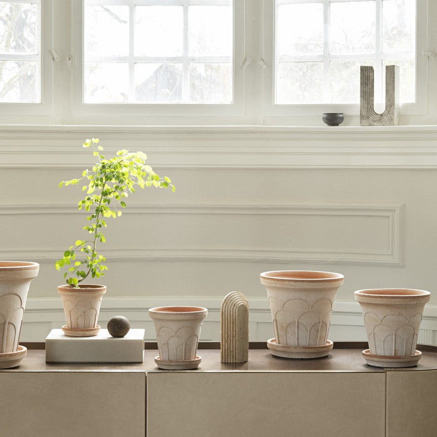 Bergs Potter Fleur rosa terracotta pot with embossed floral relief and matching saucer