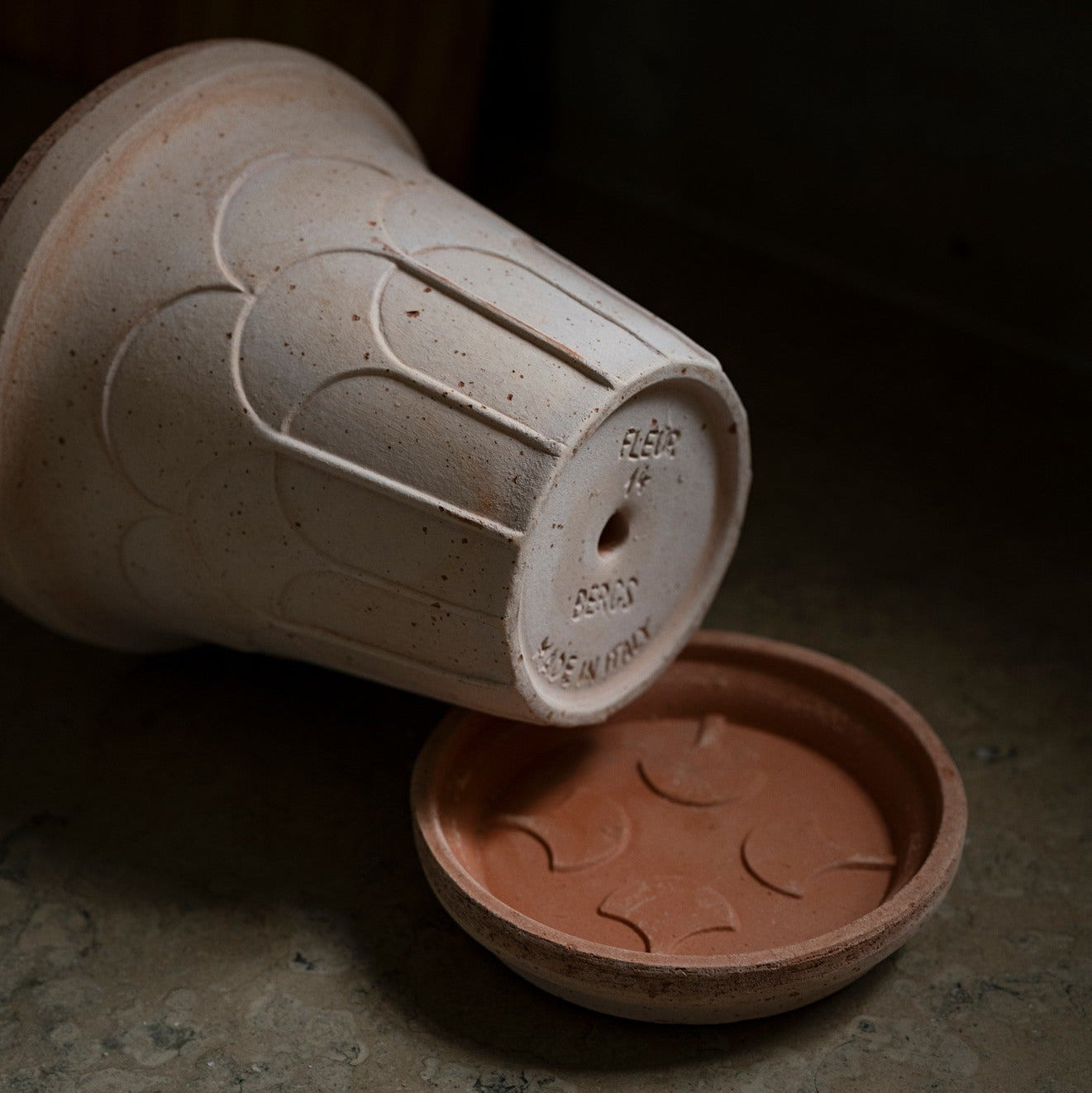 Bergs Potter Fleur rosa terracotta pot with embossed floral relief and matching saucer