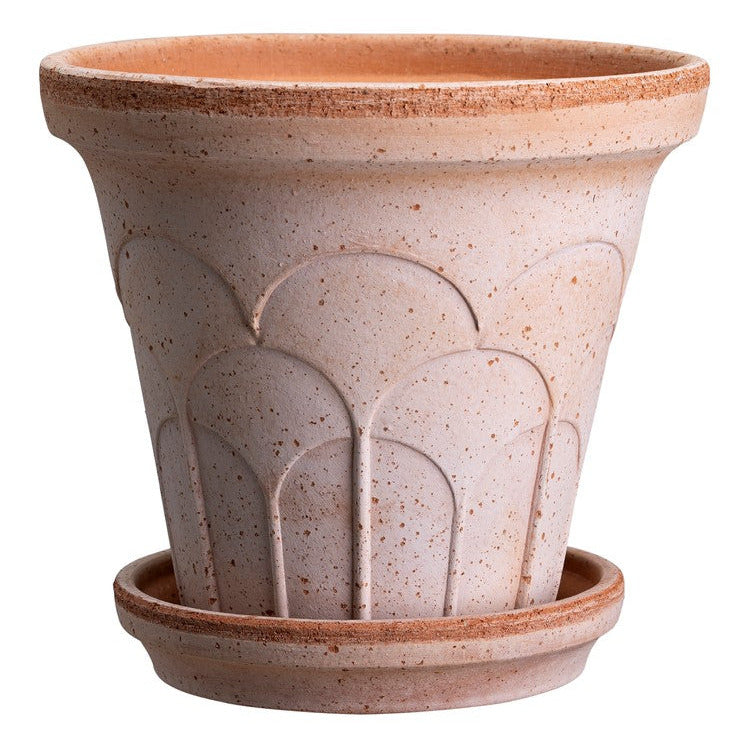 Bergs Potter Fleur rosa terracotta pot with embossed floral relief and matching saucer