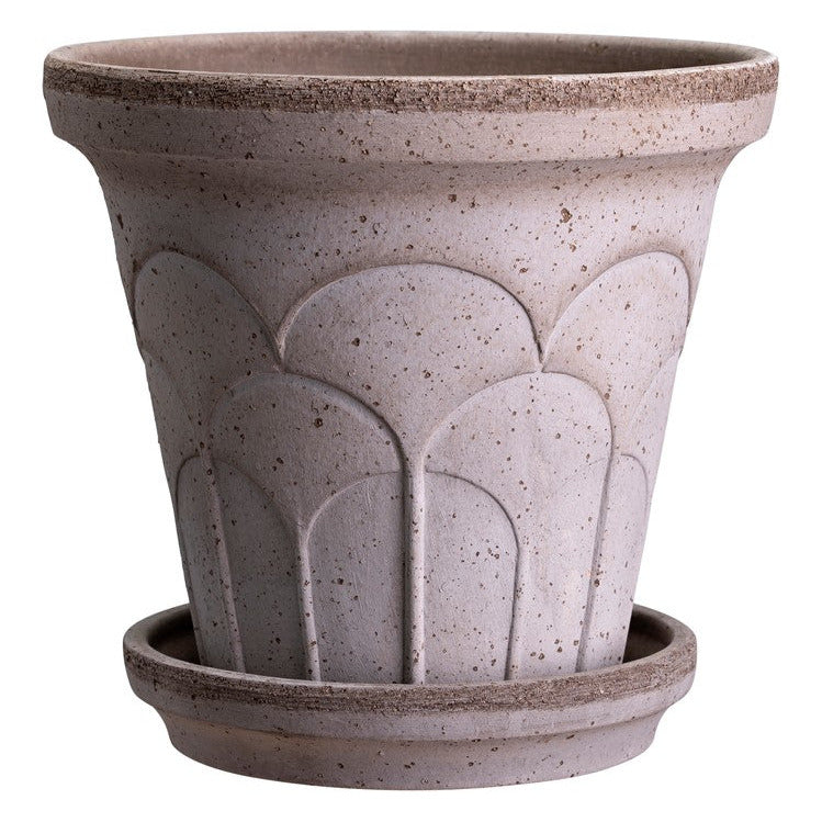 Bergs Potter Fleur grey terracotta pot with embossed floral relief and matching saucer