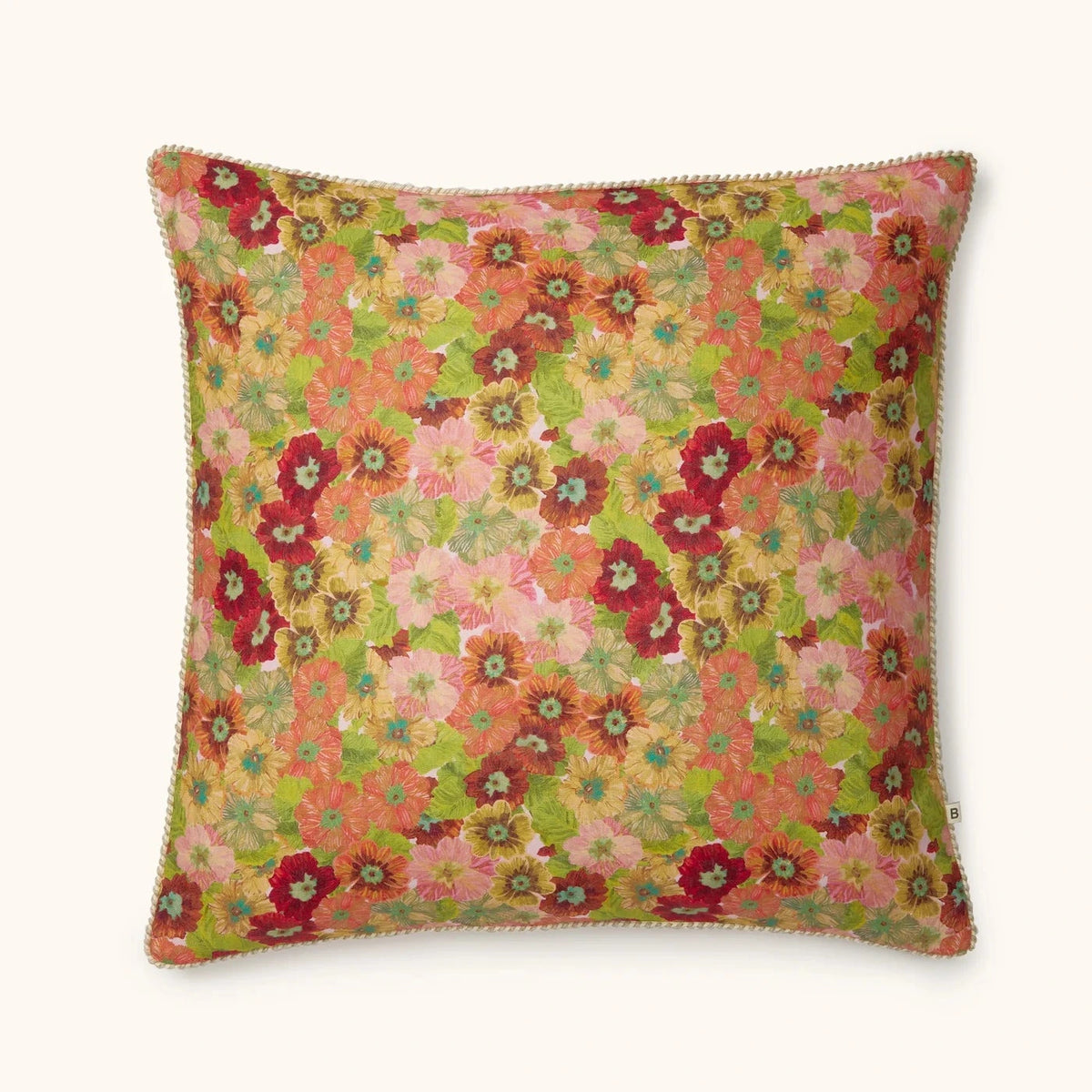 Bonnie & Neil Primrose Sunset Cushion 60cm with hand-drawn floral primrose design and brown scalloped trim