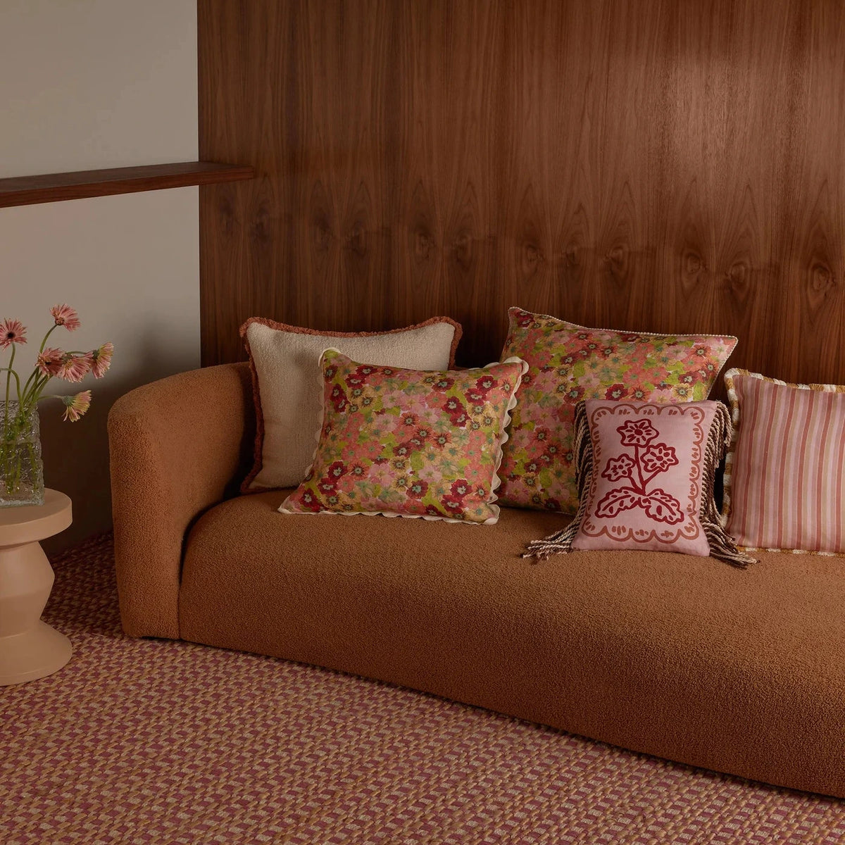 Bonnie & Neil Primrose Sunset Cushion 60cm with hand-drawn floral primrose design and brown scalloped trim
