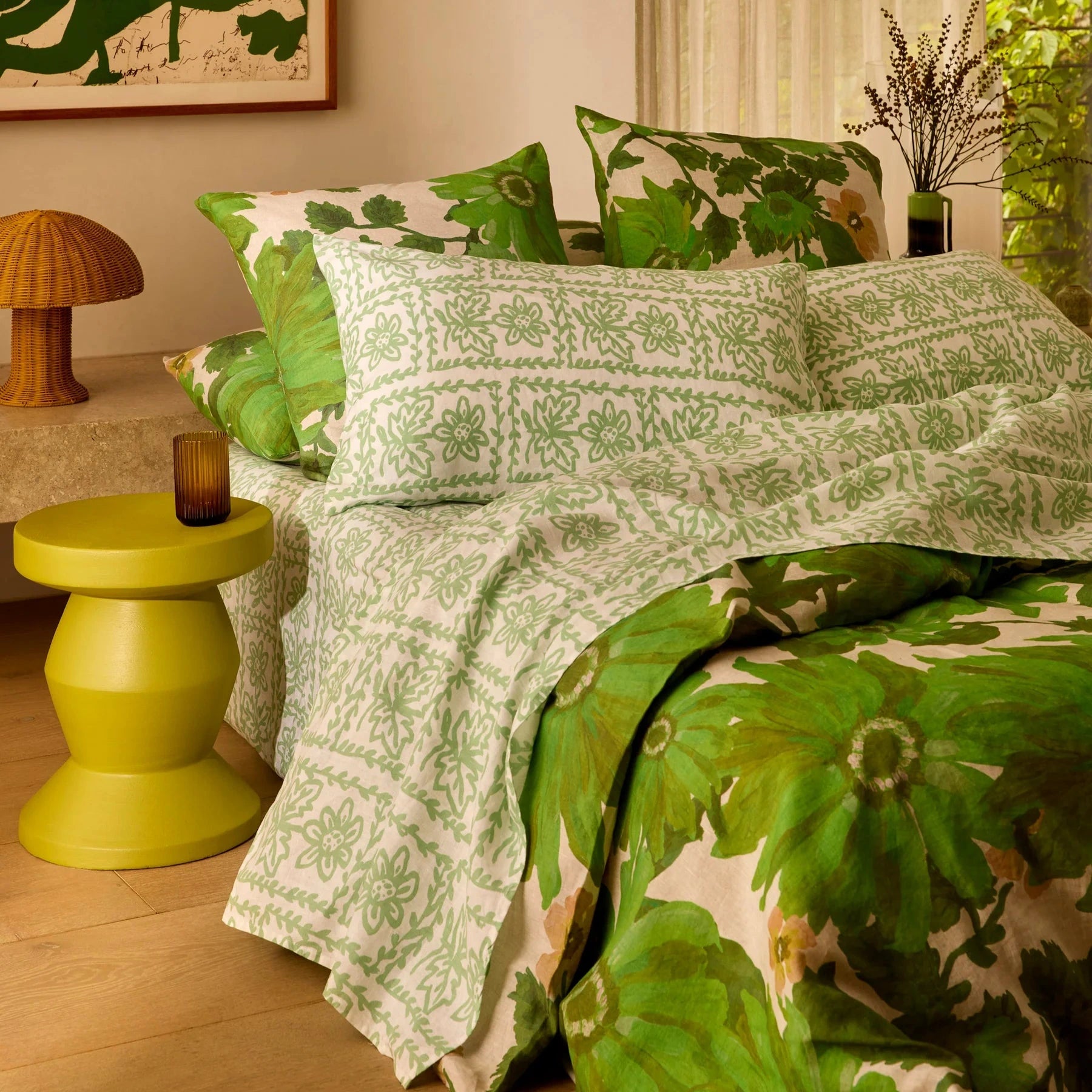 Bonnie & Neil Daisy Sage Linen Standard Pillowcases in stonewashed French flax linen with hand-drawn daisy floral print