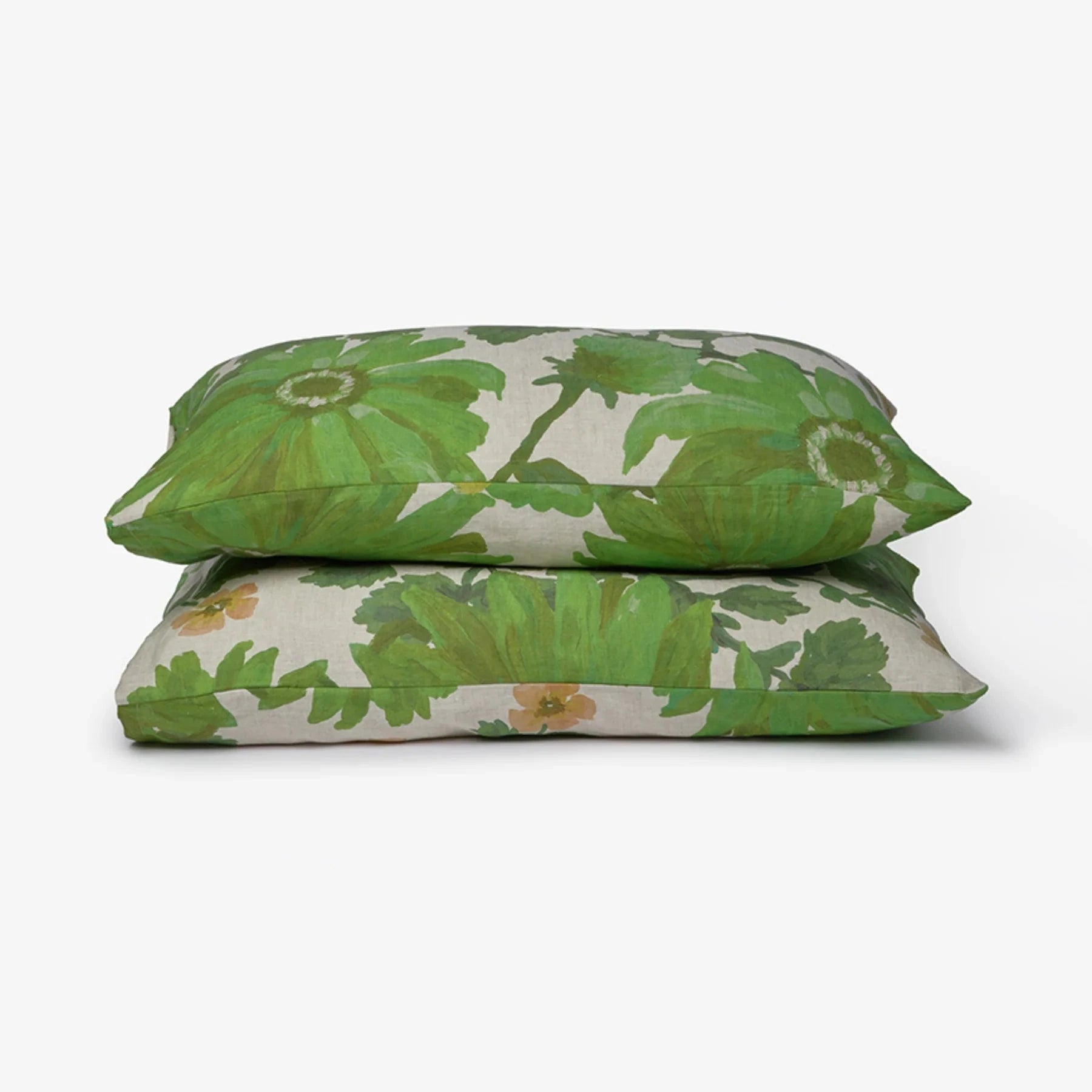 Bonnie & Neil Marigold Leaf Linen Standard Pillowcases in stonewashed French flax linen with hand-drawn botanical leaf print