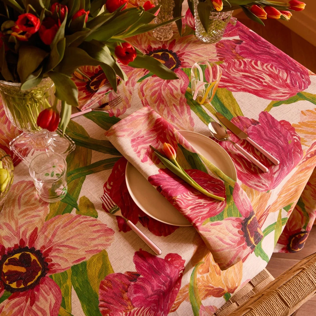 Bonnie & Neil Tulip Tablecloth featuring hand-painted pink Dutch and Parrot tulips on oat French Flax Linen.
