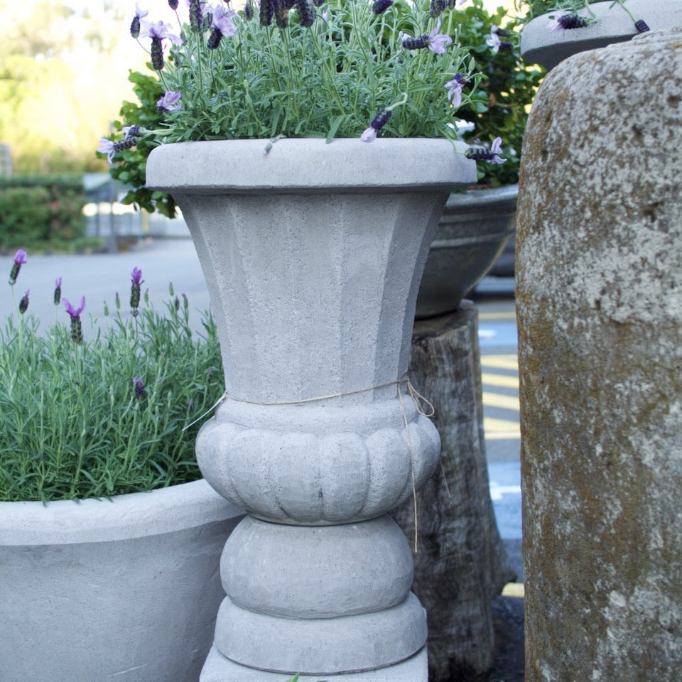 A light gray concrete planter with a flared rim and tiered base, filled with green foliage and purple lavender, shown outdoors next to other planters and a stone wall.