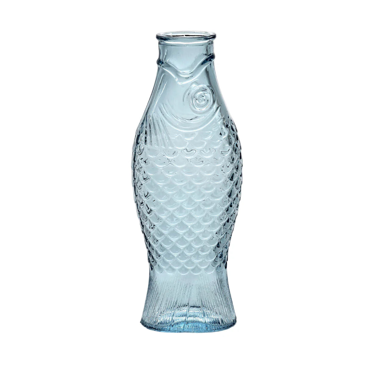 Glass fish-shaped vase on a white background