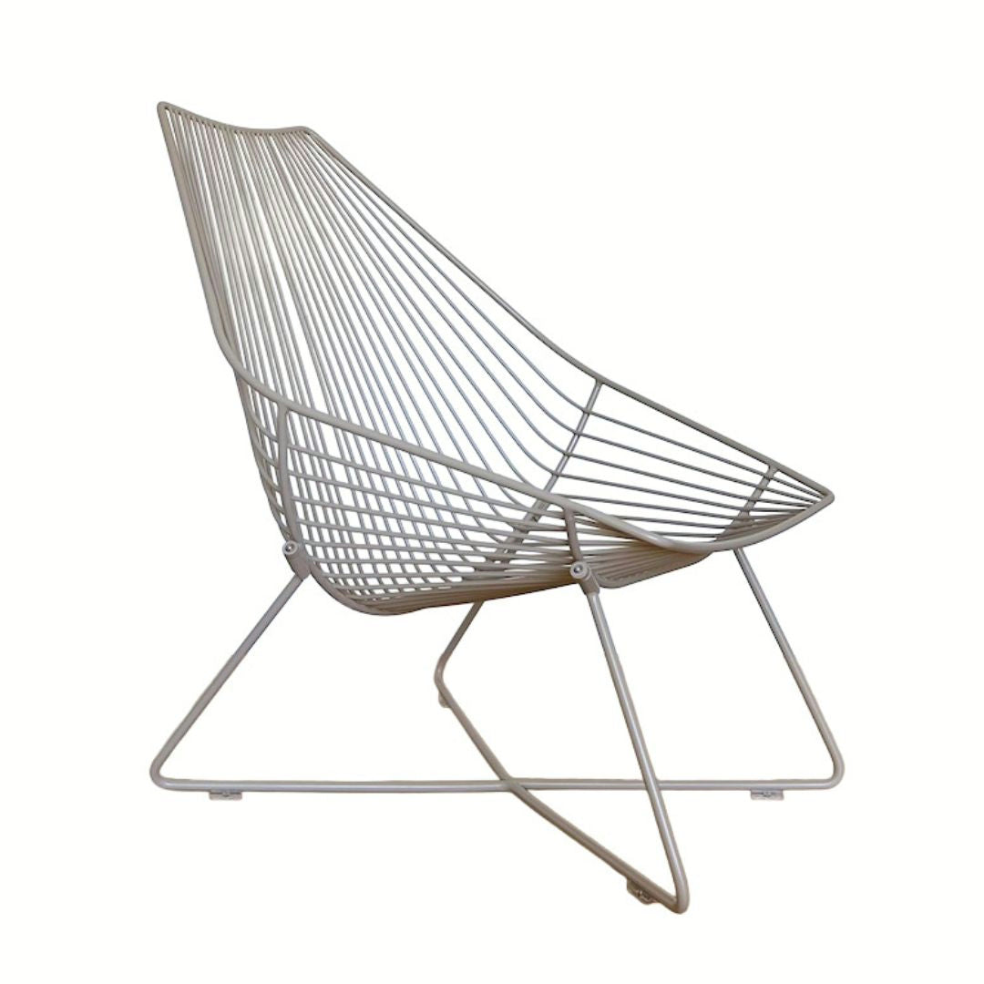 A mid-century modern wire chair with a light gray metal frame, outdoor durable, made in New Zealand