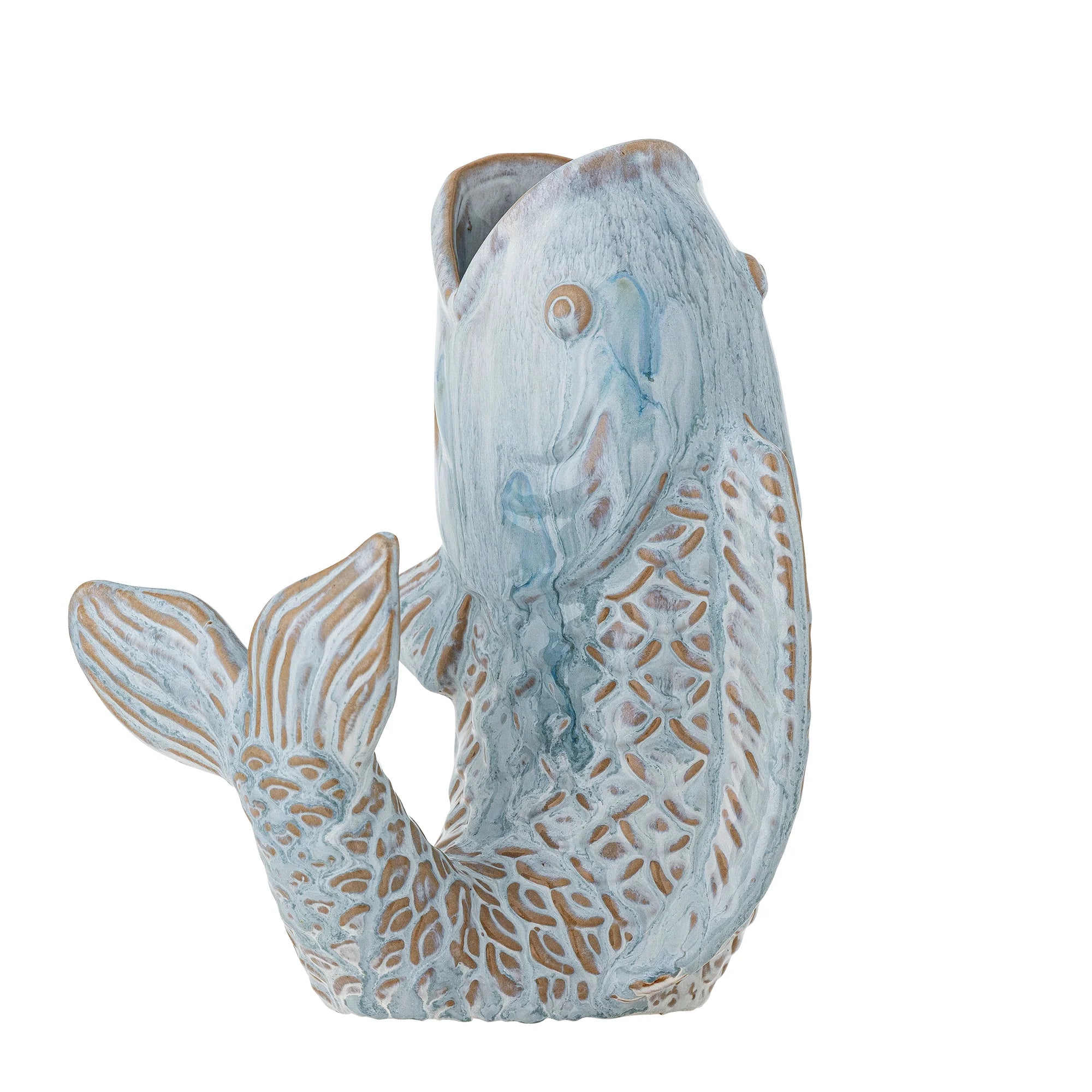 Decorative fish sculpture with blue and brown patterns on a white background