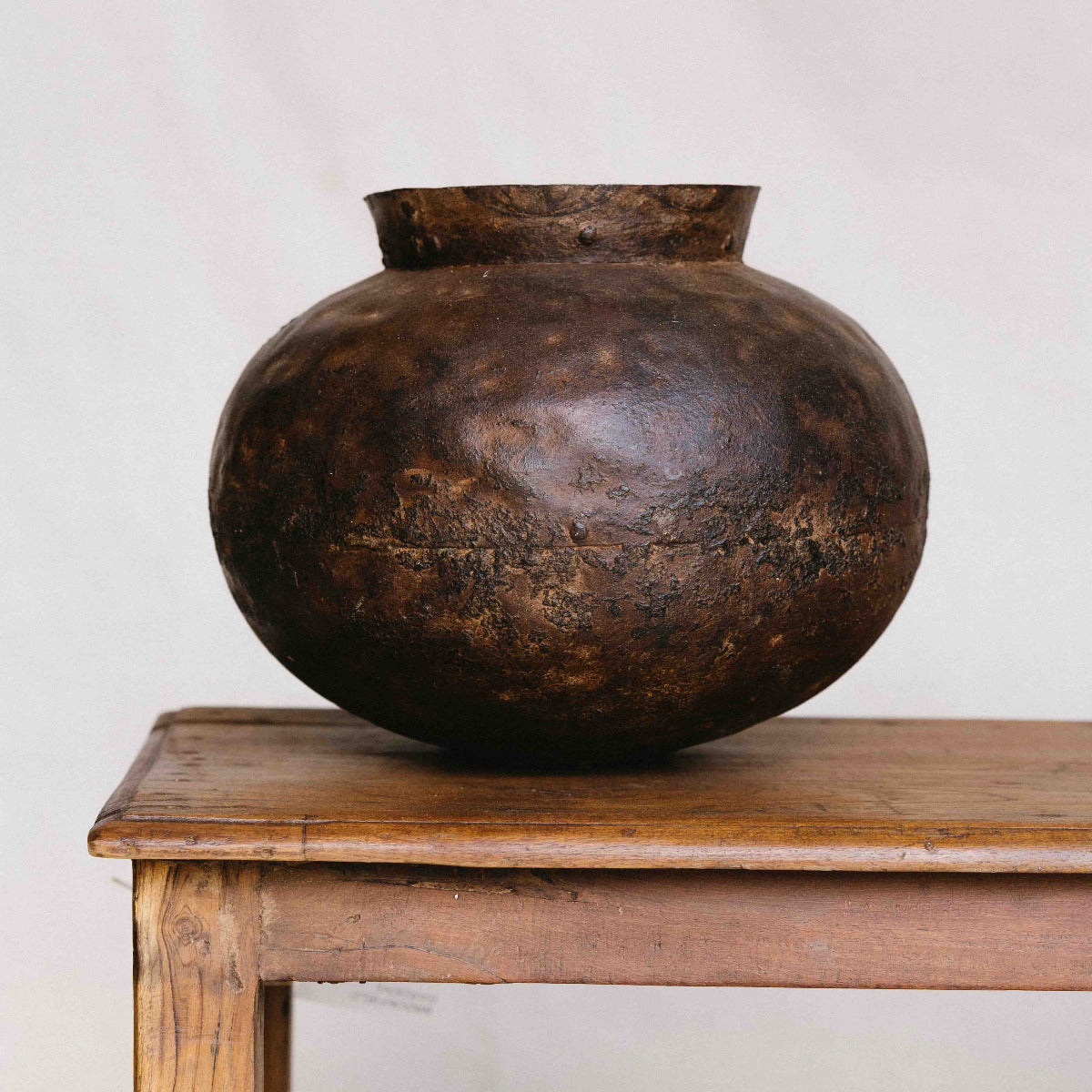 Vintage iron vessel from India, 30 x 25cm, with rounded form and rich aged patina, exclusive to Brookfield Gardens Brisbane.