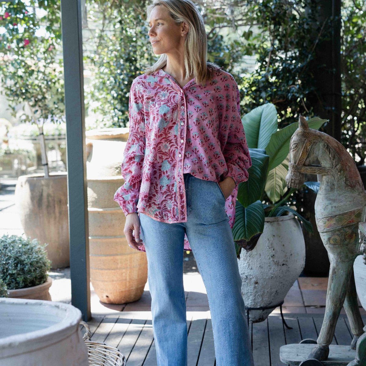 Kamala Block Print Chalm Shirt in recycled cotton voile with mixed floral block prints and relaxed button-down silhouette.