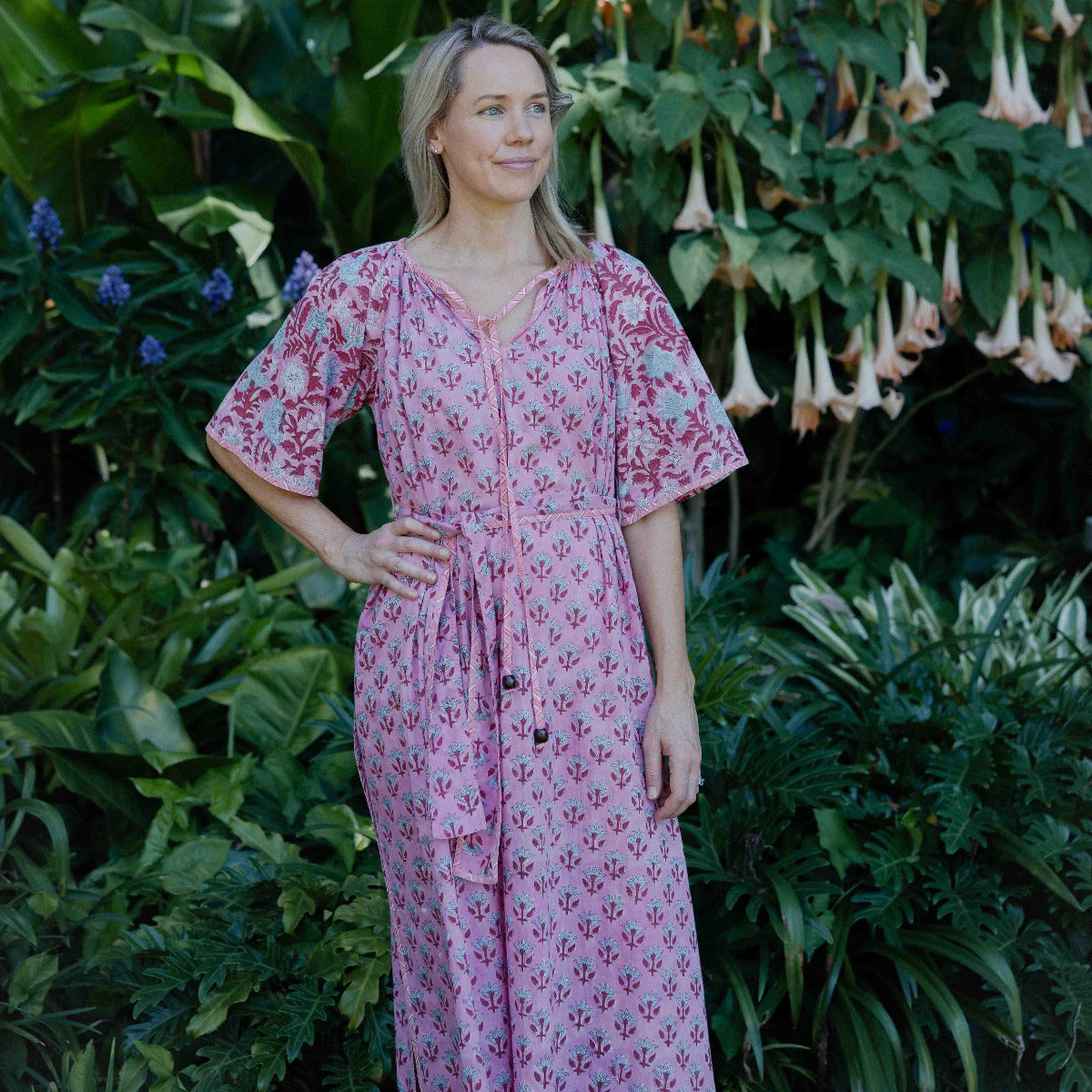 Kinga Csilla, Kamala Block Print Primavera Maxi dress featuring hand block print, flowing tiered silhouette and soft cotton voile fabric.