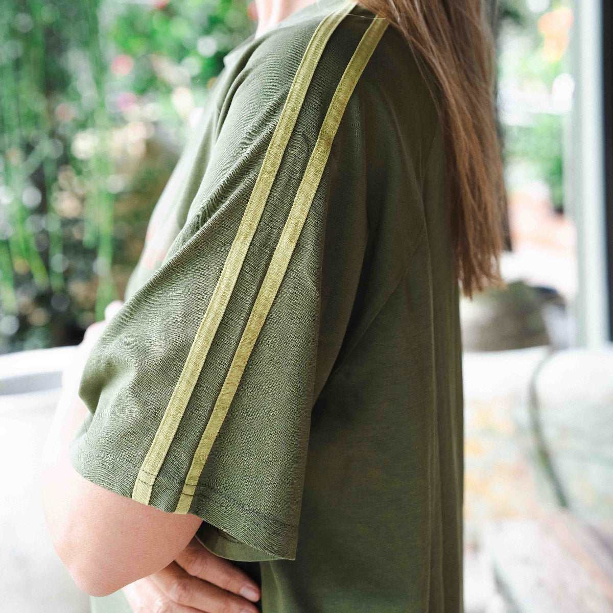 Kinga Csilla Sunset Tee in soft olive cotton with signature gradient print. Relaxed fit everyday essential with effortless bohemian style.