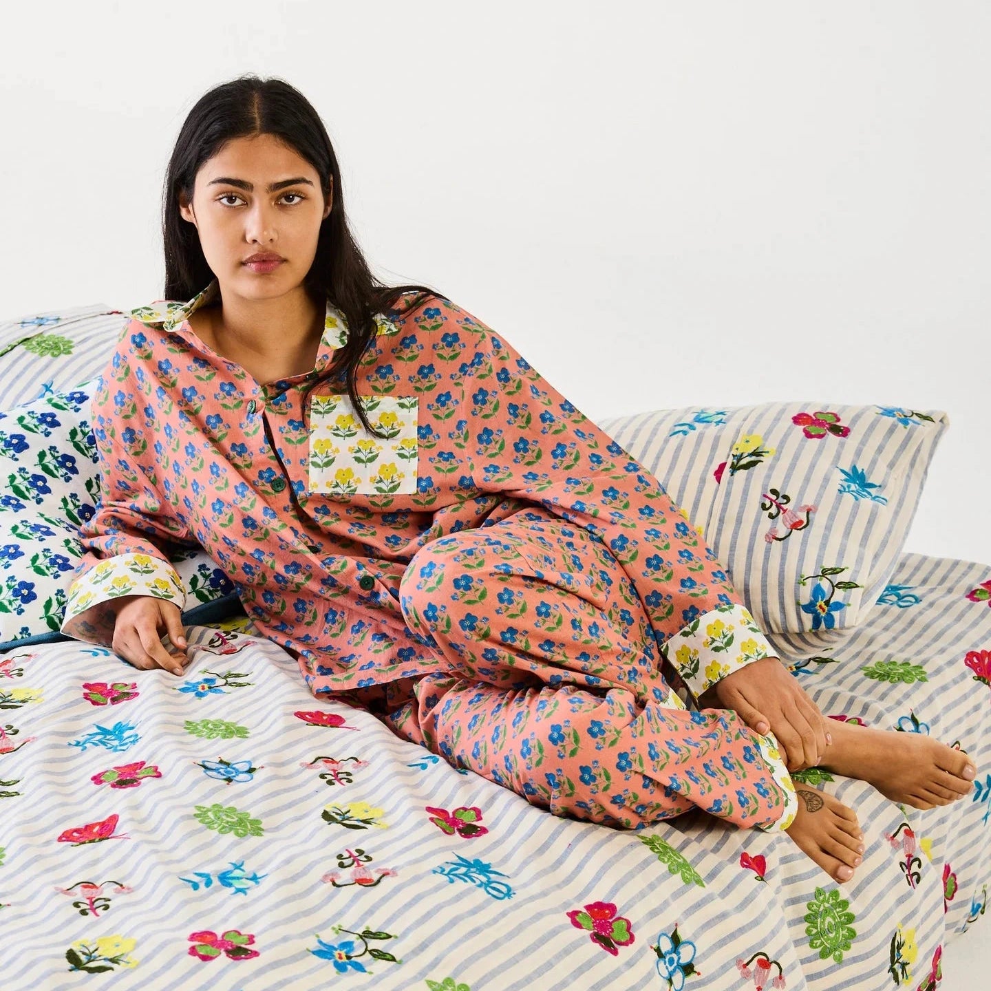 Kip&Co x Anna Spiro Indian Summer Rose adult organic cotton long sleeve pyjama set with floral print.