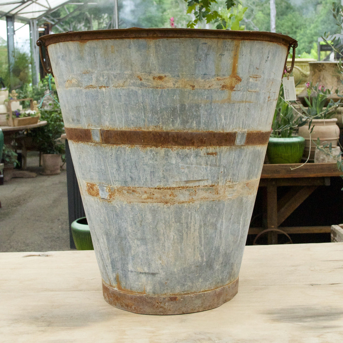 Large aged Turkish galvanised olive tin planter 75cm x 80cm with ring handles and natural patina.