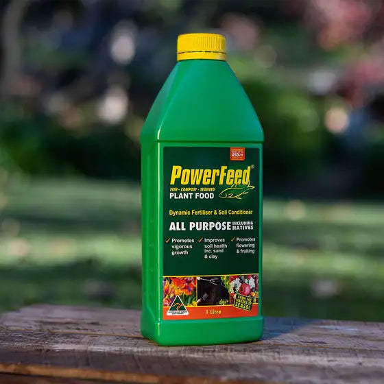 PowerFeed All Purpose Plant Food liquid fertiliser available in 1L concentrate, 2.5L hose-on and 4L concentrate.