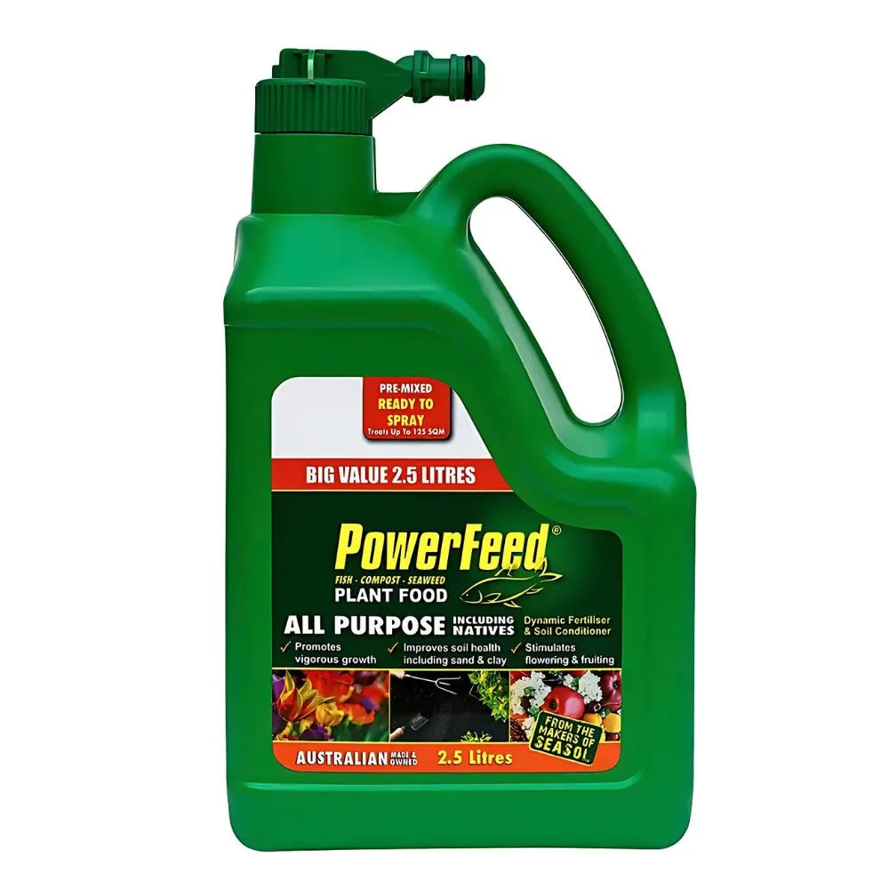 PowerFeed All Purpose Plant Food liquid fertiliser available in 1L concentrate, 2.5L hose-on and 4L concentrate.