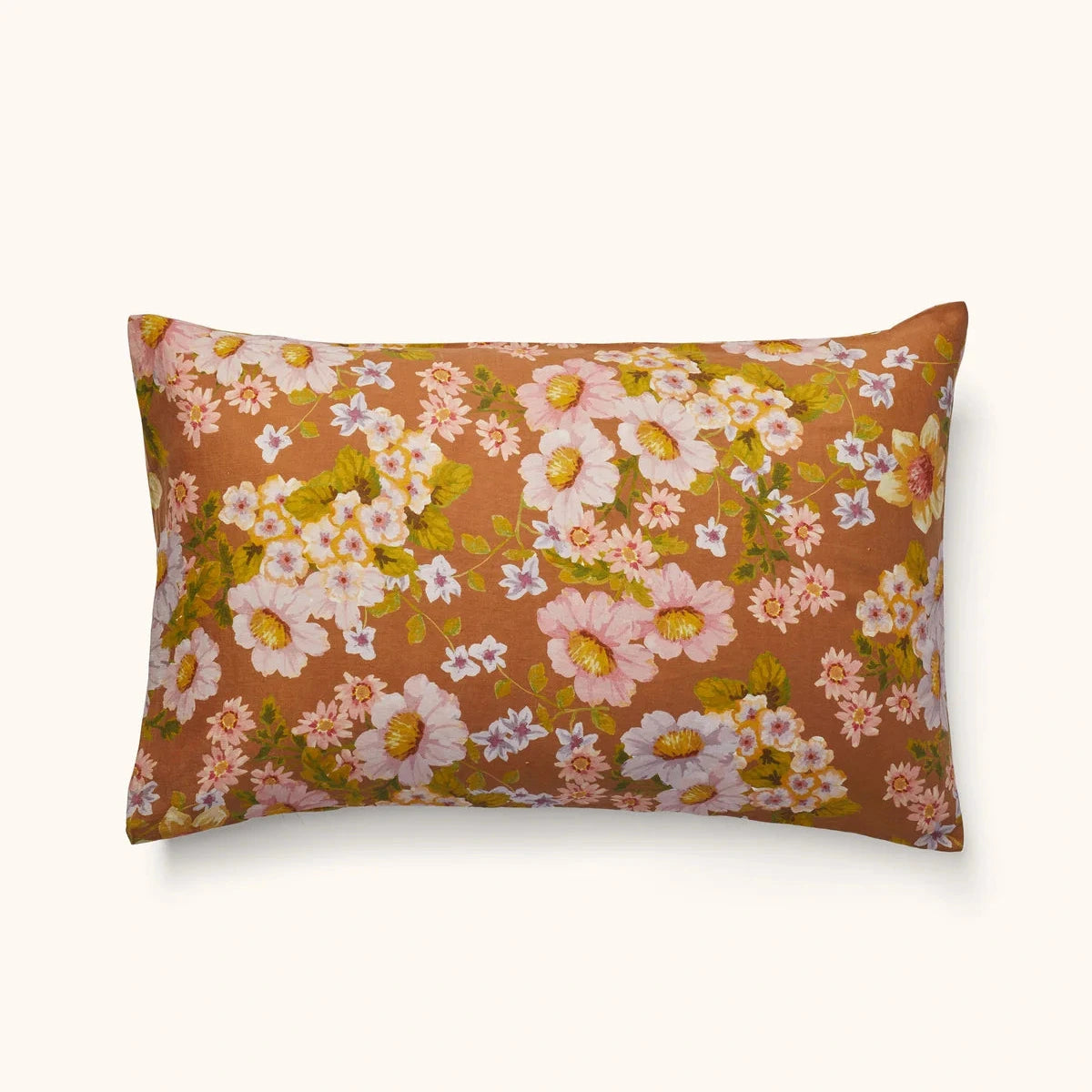 Bonnie & Neil Buttercup Rust standard linen pillowcases featuring colourful buttercup floral artwork on a warm rust background, set of two.