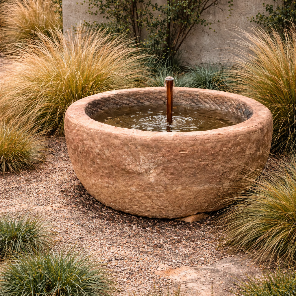Stone water feature in a garden setting with plants and a wall in the background