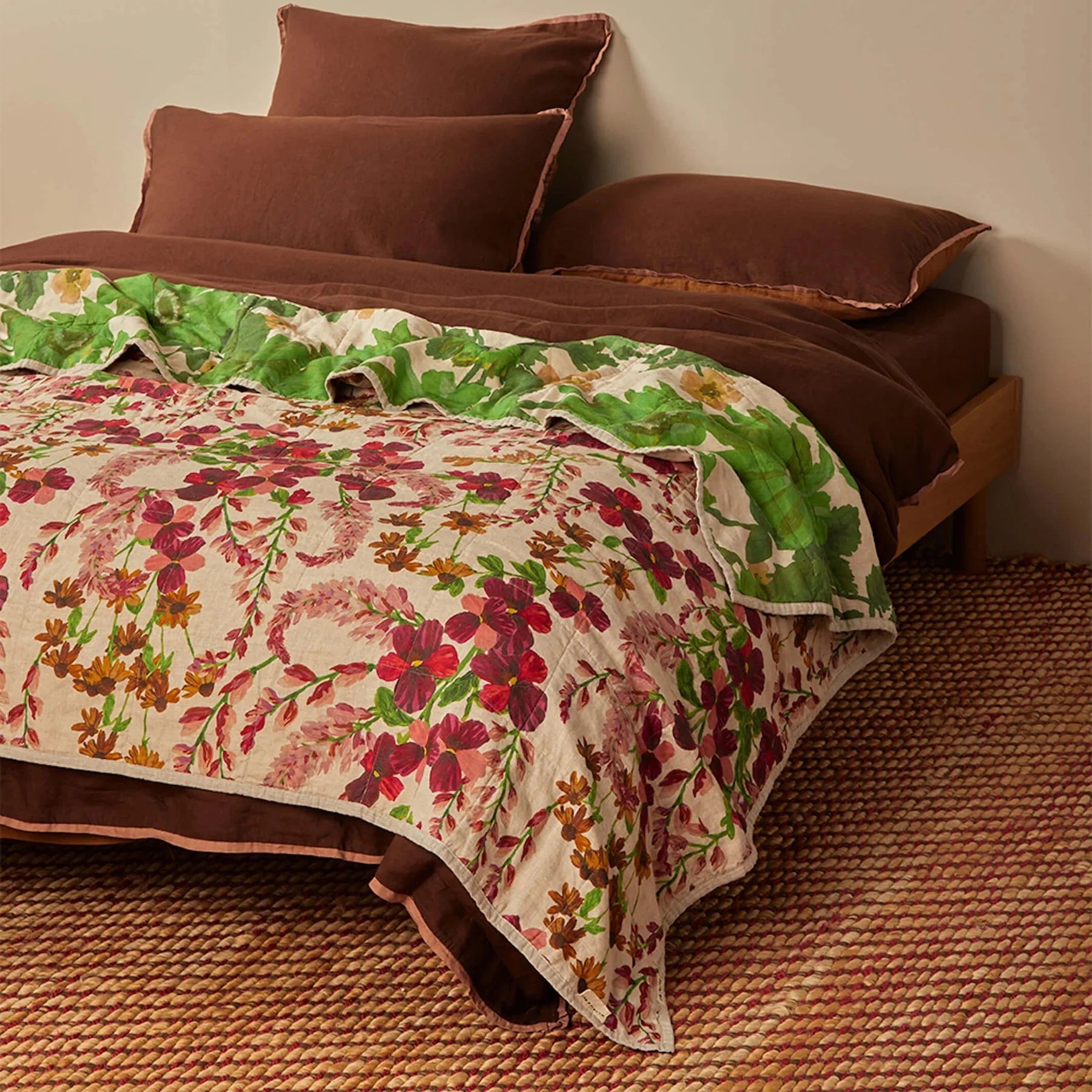 Bonnie & Neil Lupin Multi and Marigold Leaf reversible quilted linen throw with colourful botanical prints and textured quilting