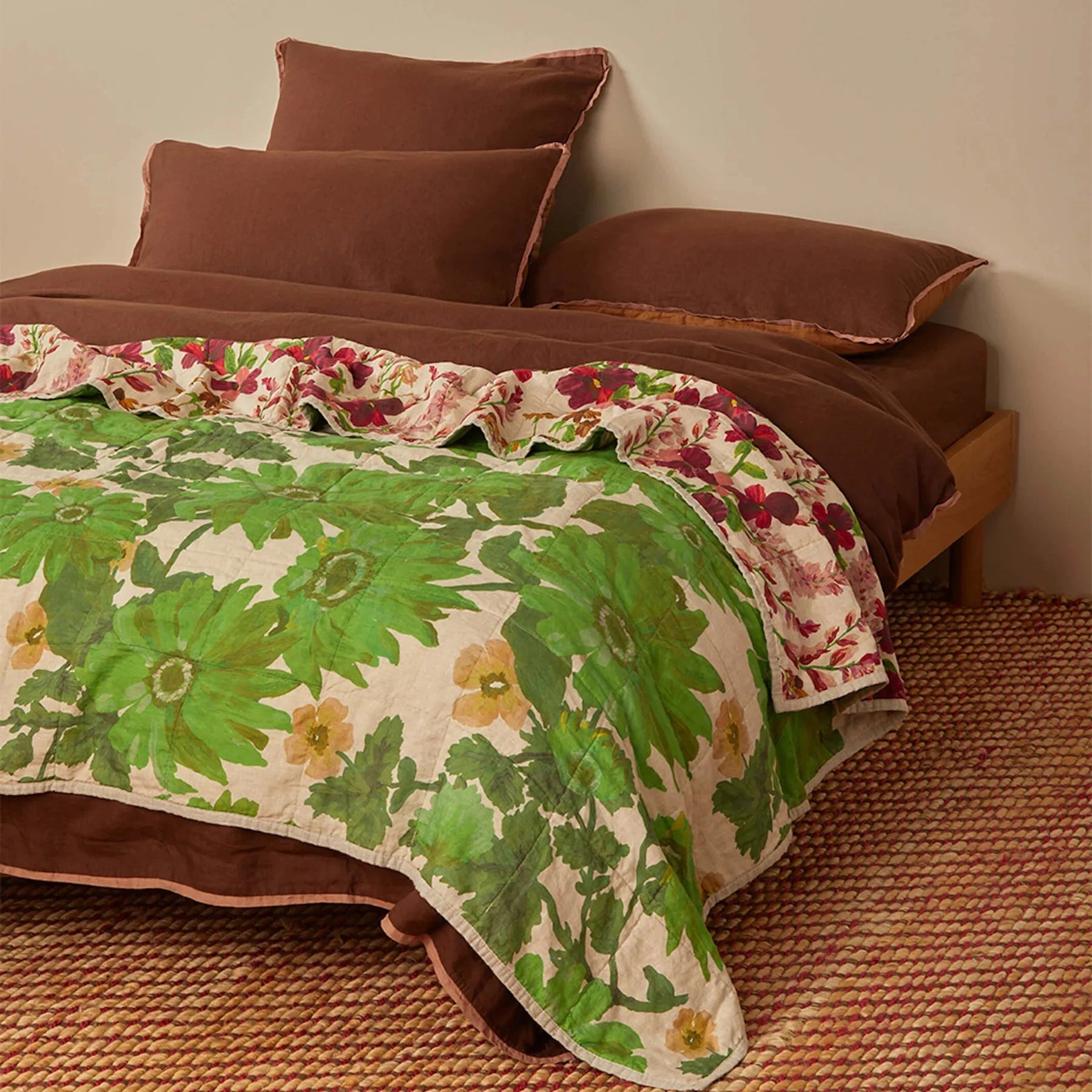 Bonnie & Neil Lupin Multi and Marigold Leaf reversible quilted linen throw with colourful botanical prints and textured quilting