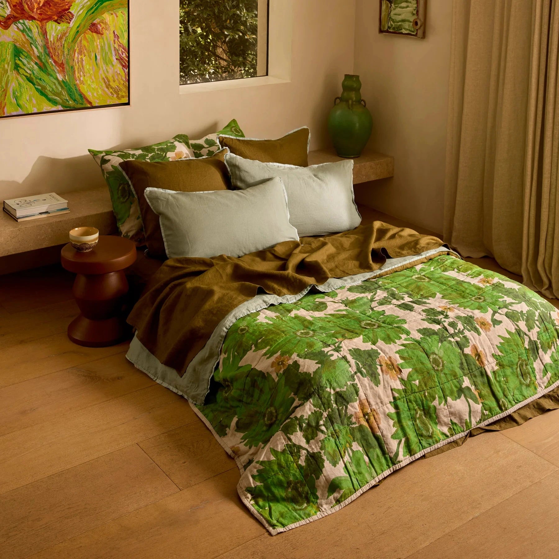 Bonnie & Neil Lupin Multi and Marigold Leaf reversible quilted linen throw with colourful botanical prints and textured quilting