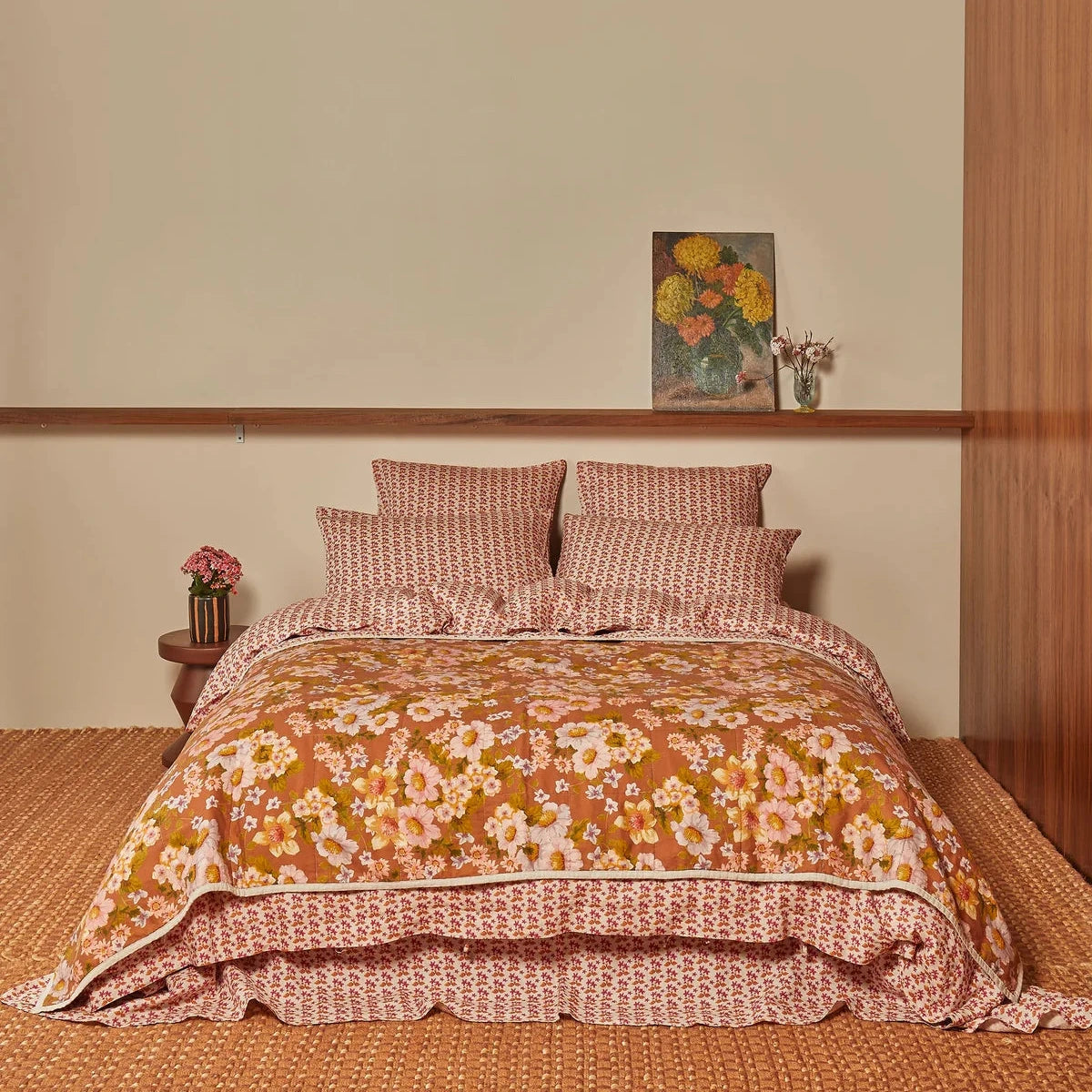 Bonnie & Neil Buttercup Rust & Petit Madeline Pink reversible linen quilted throw featuring warm rust florals and delicate pink botanical patterns.