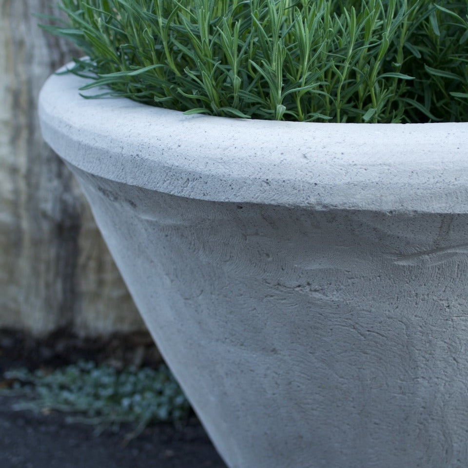A close-up of a large, light gray concrete planter filled with green leafy plants, set against a blurred outdoor background.