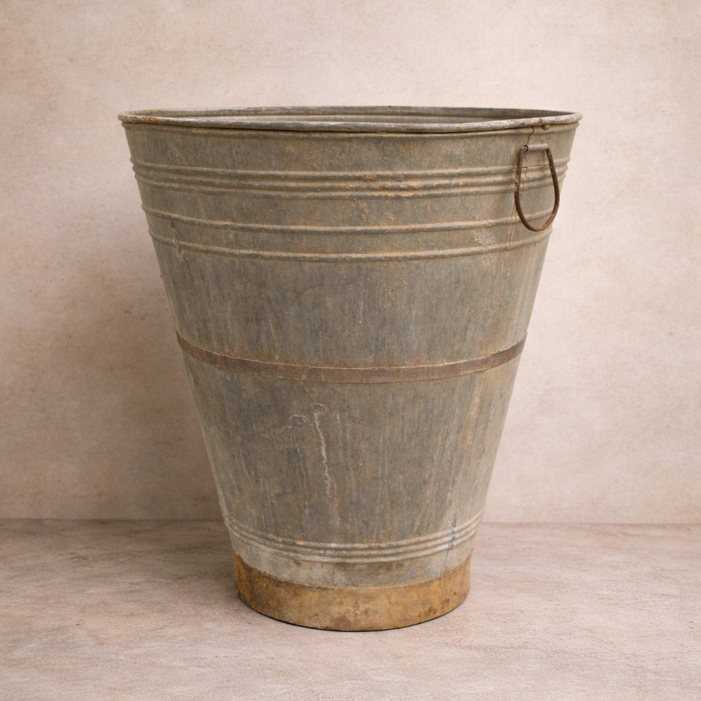 Large aged Turkish galvanised olive tin planter 75cm x 80cm with ring handles and natural patina.