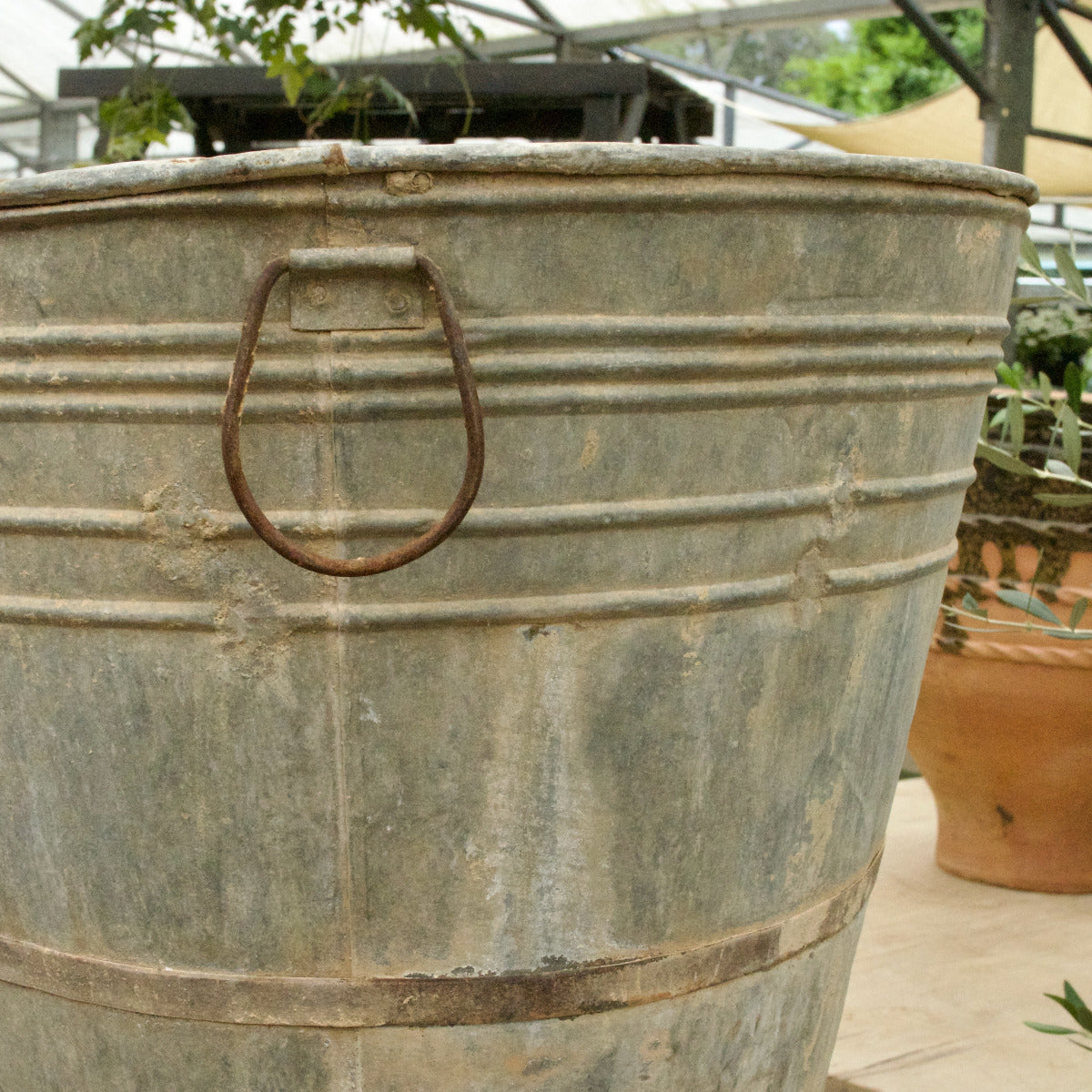 Large aged Turkish galvanised olive tin planter 75cm x 80cm with ring handles and natural patina.