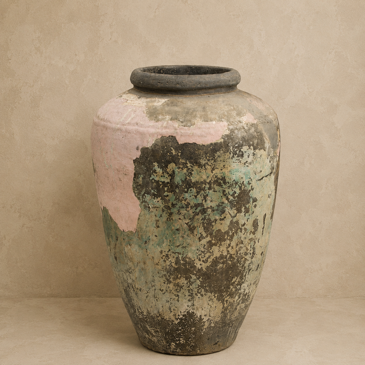 Large vintage Indian terracotta urn with naturally weathered patina, perfect as a statement garden planter or decorative outdoor vessel.