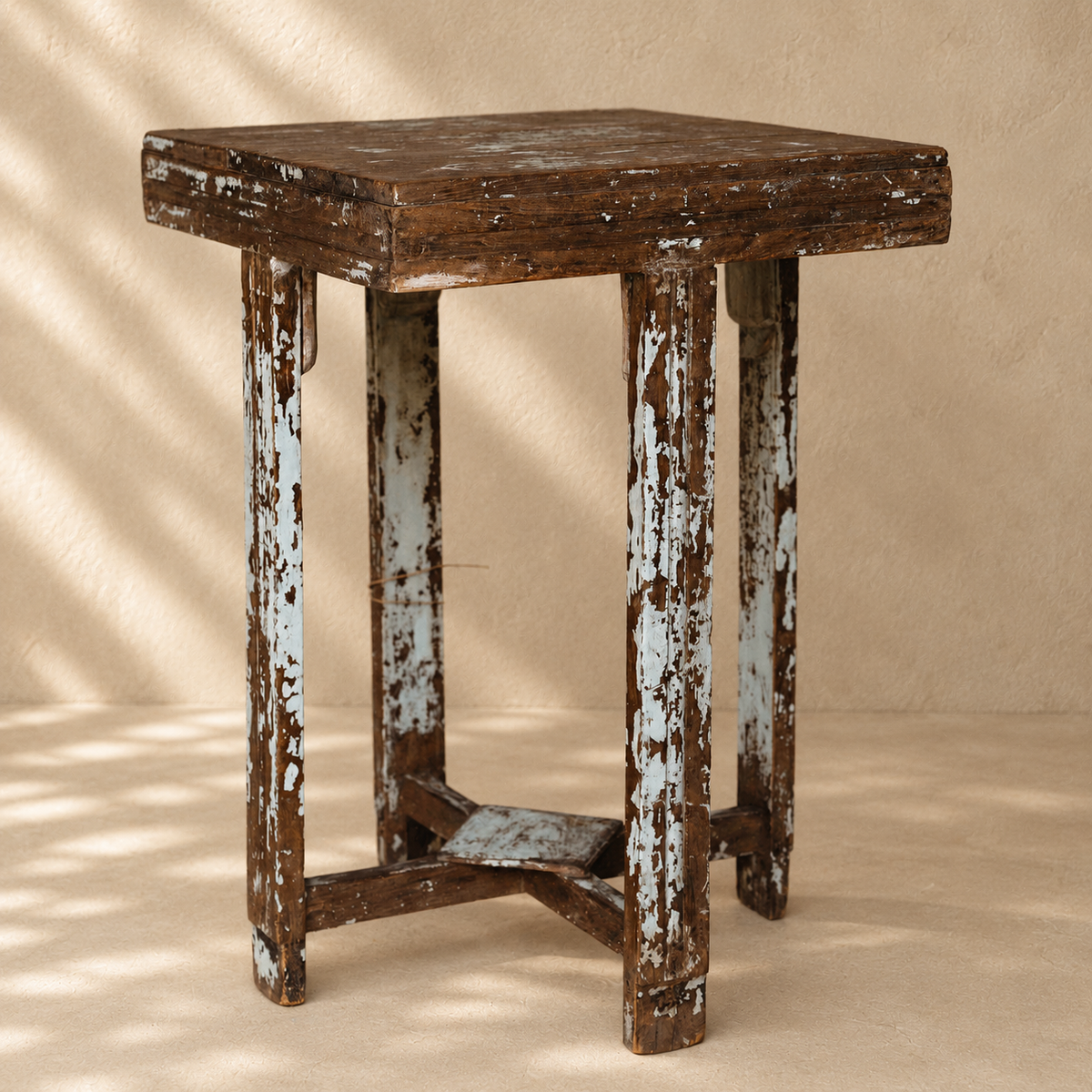 Vintage Indian wooden side table 47 x 68cm with aged timber and original pale blue paint, exclusive to Brookfield Gardens Brisbane.