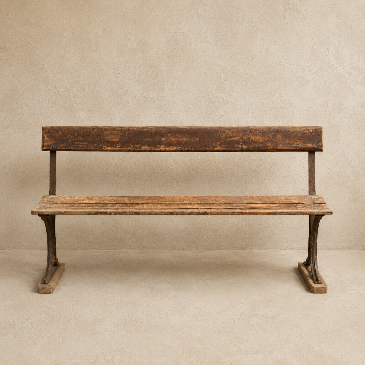 Vintage Wooden Iron Bench with weathered timber seat and aged iron frame, ideal for traditional gardens, courtyards and outdoor entertaining spaces.
