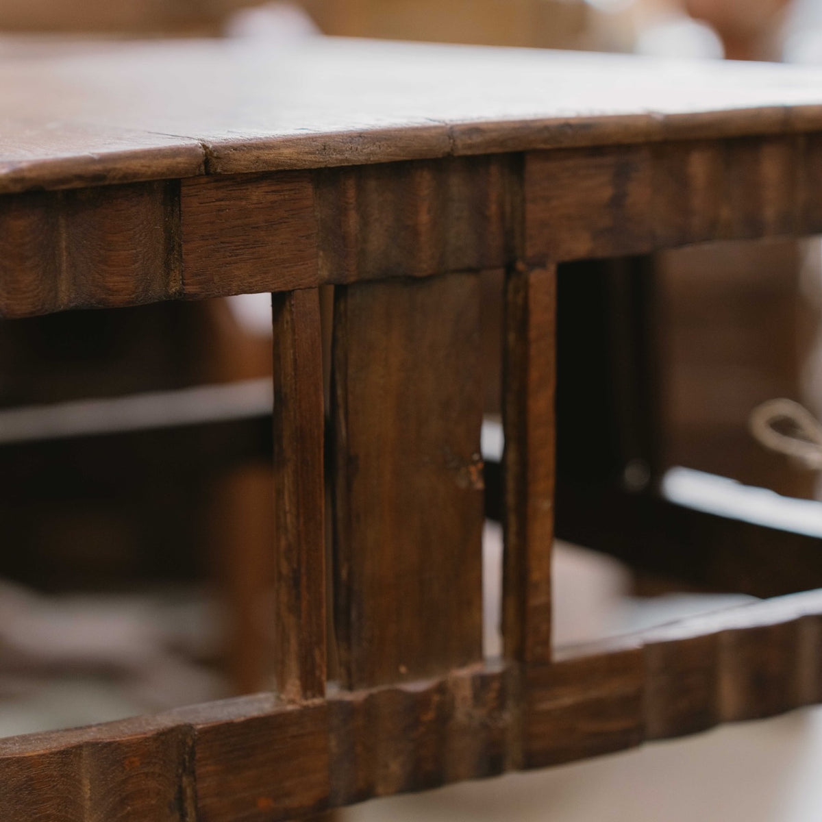 Vintage wooden side table from India with curved legs and decorative timber detail, ideal beside a sofa, armchair or bed, exclusive to Brookfield Gardens.