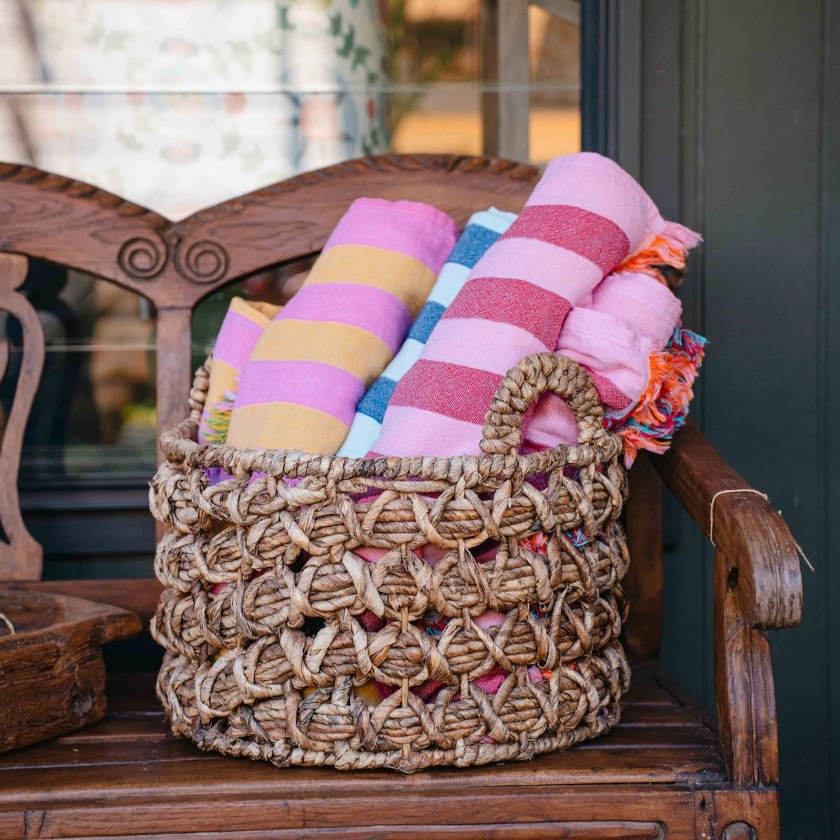 Patara Life Viva Stripe Turkish Beach Towel featuring colourful reversible stripes and fringed edges, made from 100% Turkish cotton.
