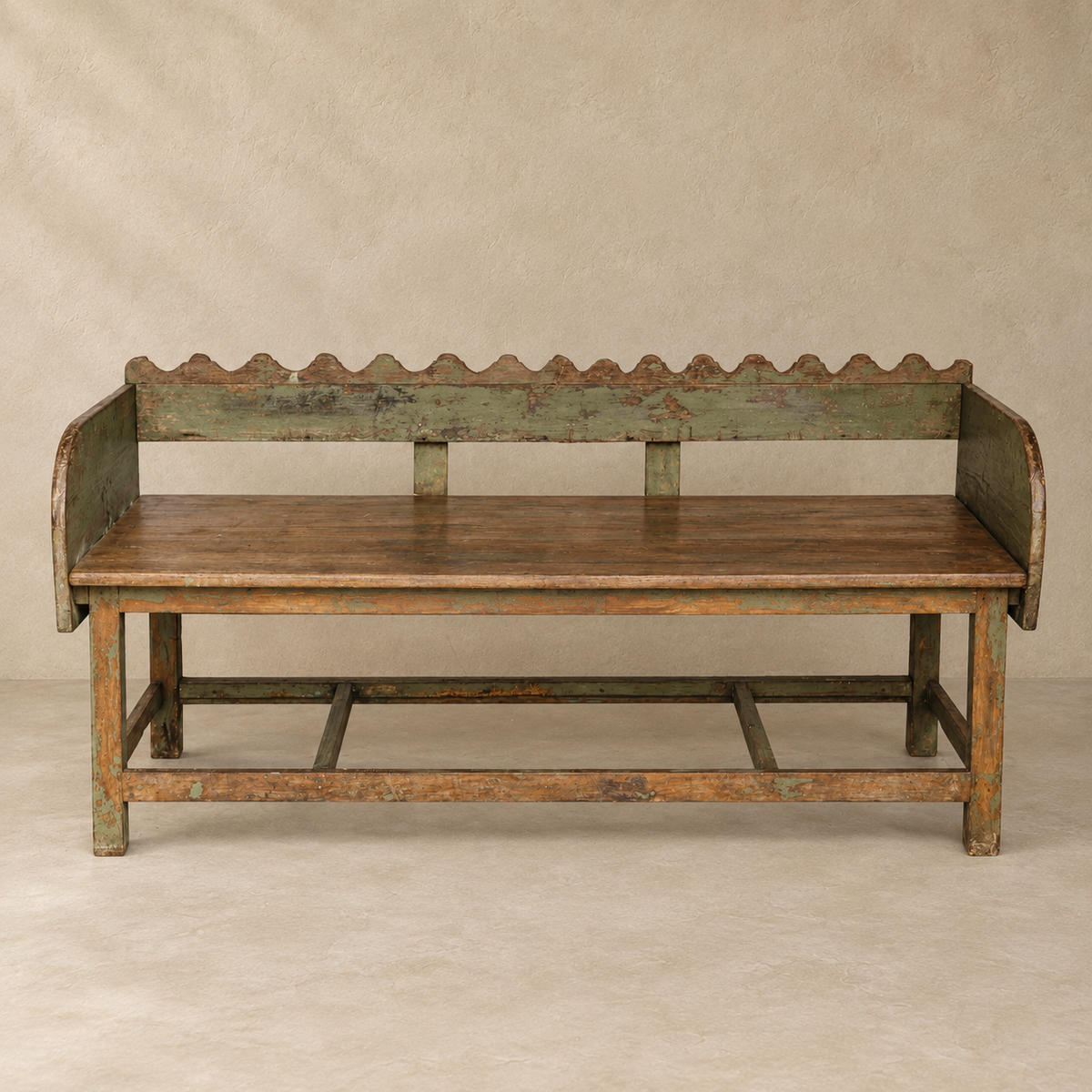 Vintage Indian wooden wave bench with scalloped back, original green paint and aged timber patina, exclusive to Brookfield Gardens.