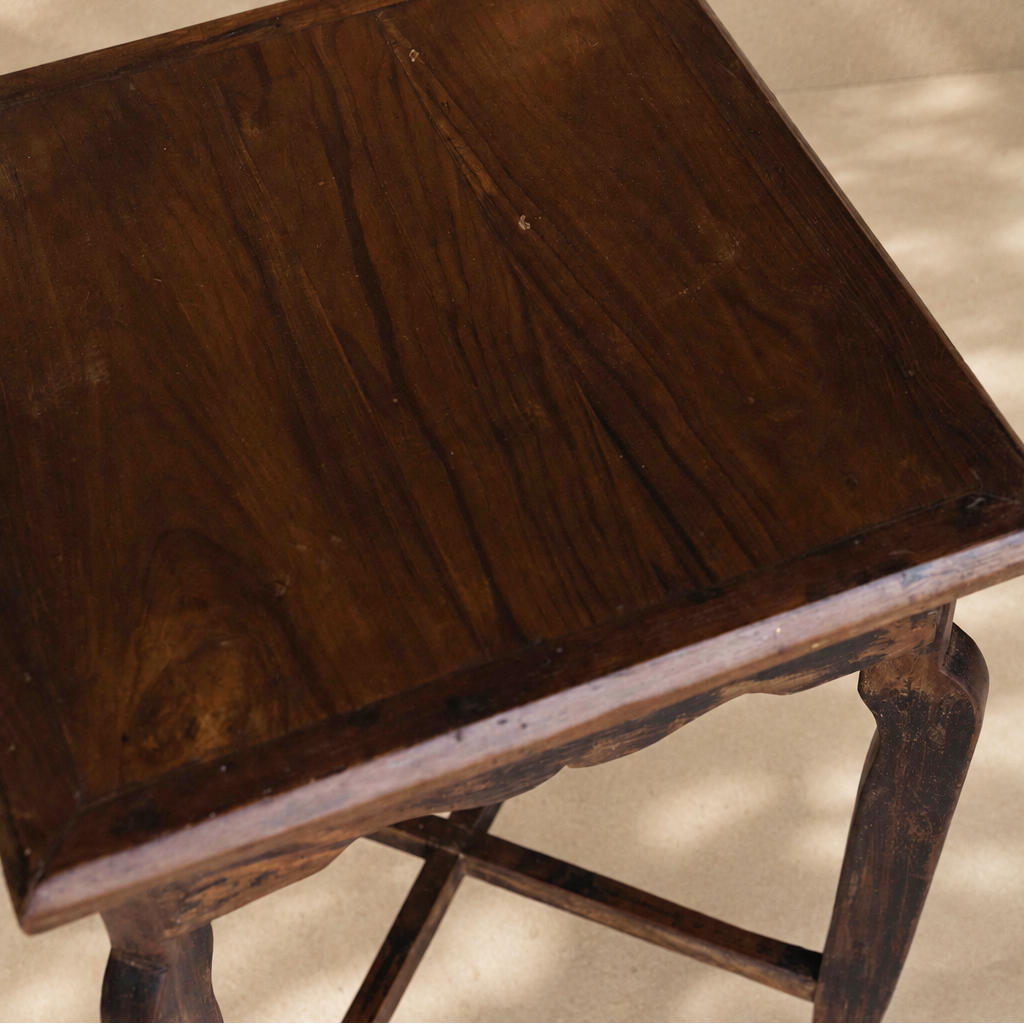 Vintage wooden side table from India, 45 x 61cm, with curved legs, scalloped apron and aged timber finish, exclusive to Brookfield Gardens Brisbane.