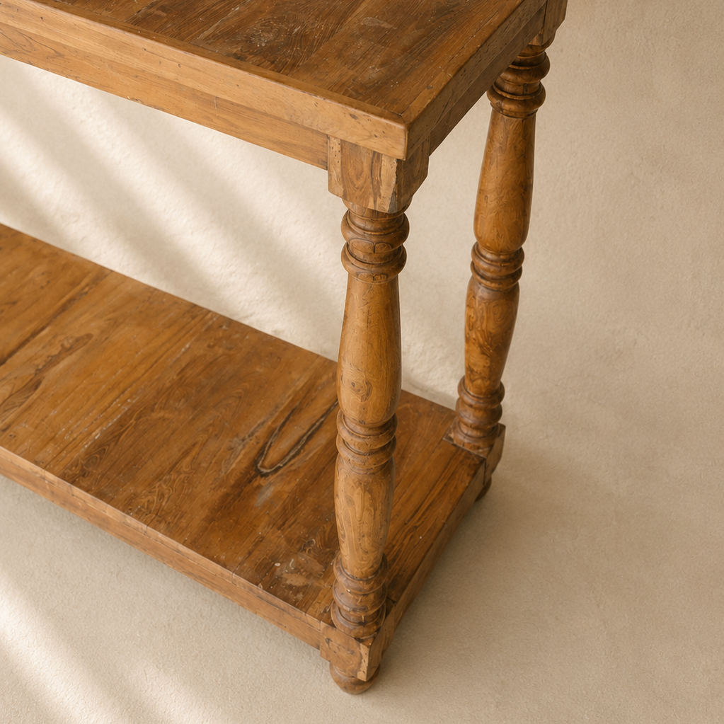 Indian wooden console table with turned legs, natural timber finish and full-length lower shelf.