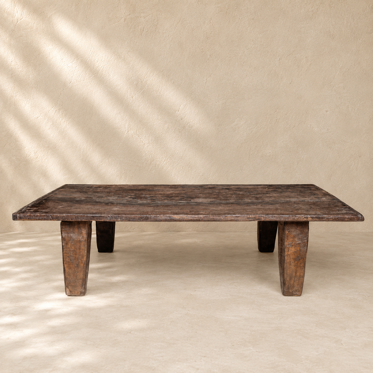 Large vintage Naga wooden table from India with aged timber patina and solid tapered legs, exclusive to Brookfield Gardens Brisbane.