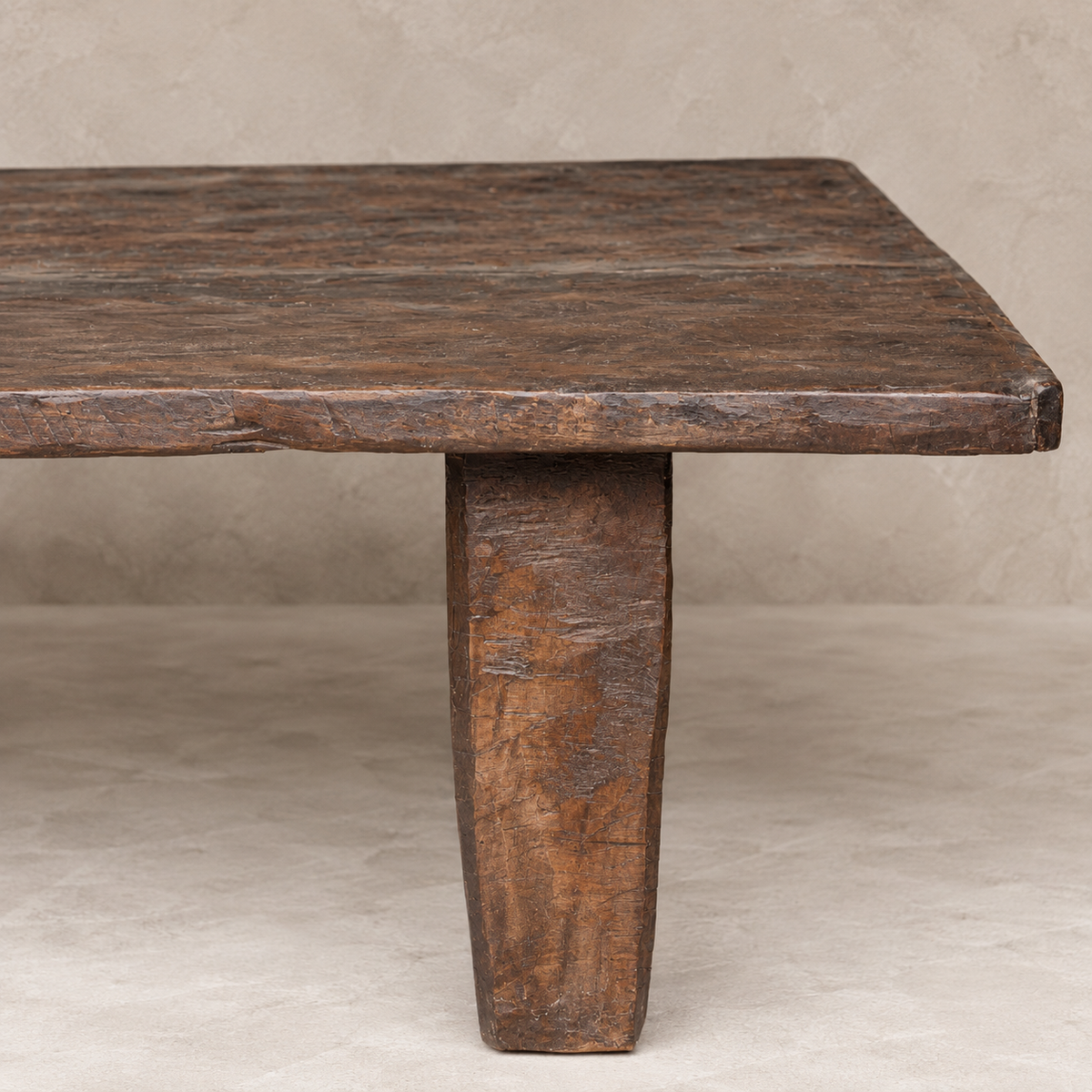 Large vintage Naga wooden table from India with aged timber patina and solid tapered legs, exclusive to Brookfield Gardens Brisbane.