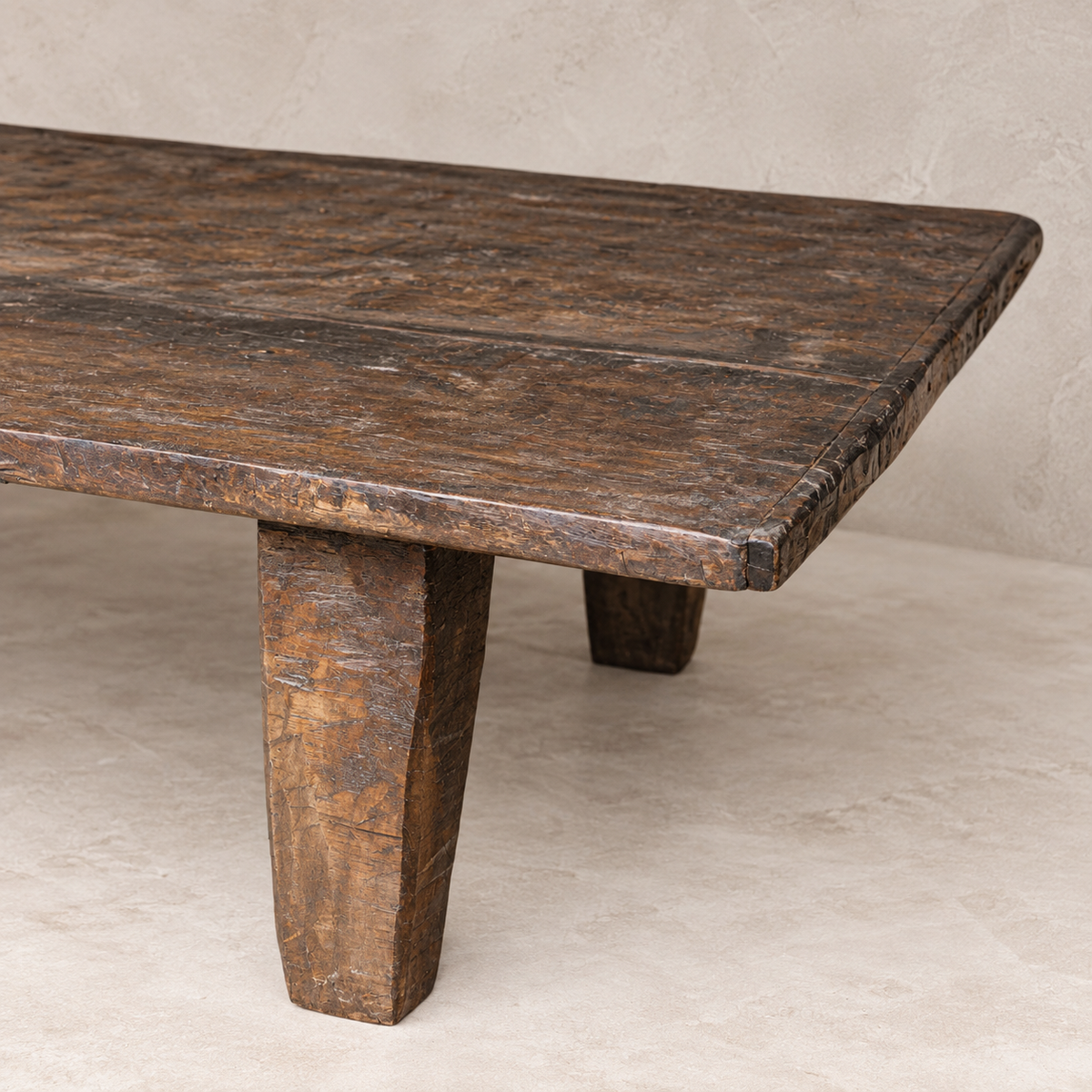 Large vintage Naga wooden table from India with aged timber patina and solid tapered legs, exclusive to Brookfield Gardens Brisbane.