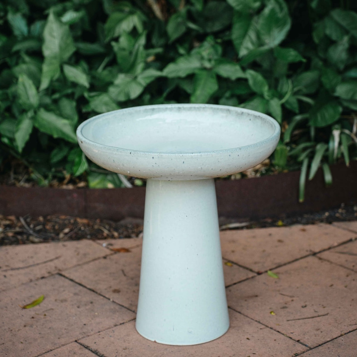 Wren Bird Bath in cream with a wide shallow bowl and tapered pedestal, styled in a lush garden setting.
