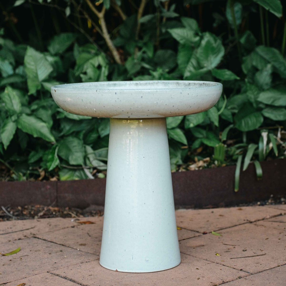 Wren Bird Bath in cream with a wide shallow bowl and tapered pedestal, styled in a lush garden setting.