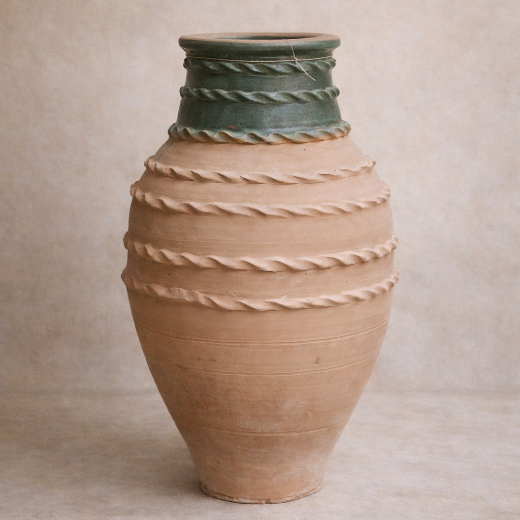 Ancient-style Turkish narrow neck terracotta pot with aged green glaze, styled against a limewash backdrop.