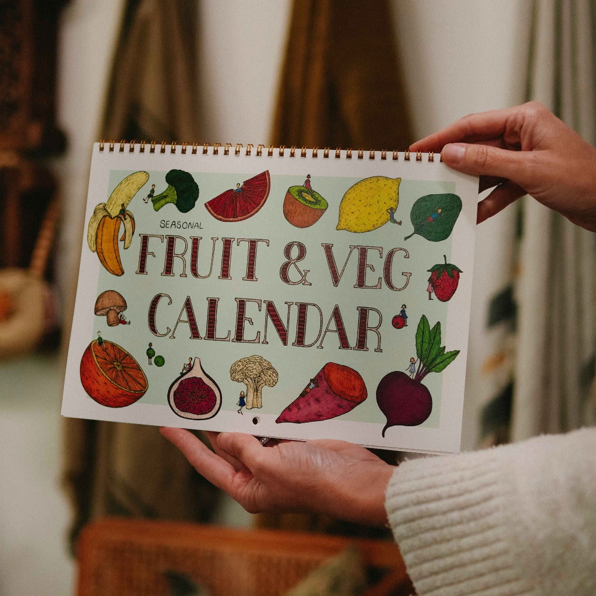 Australian seasonal fruit and vegetable perpetual kitchen calendar featuring colourful hand-drawn illustrations by Melbourne artist Emily May.