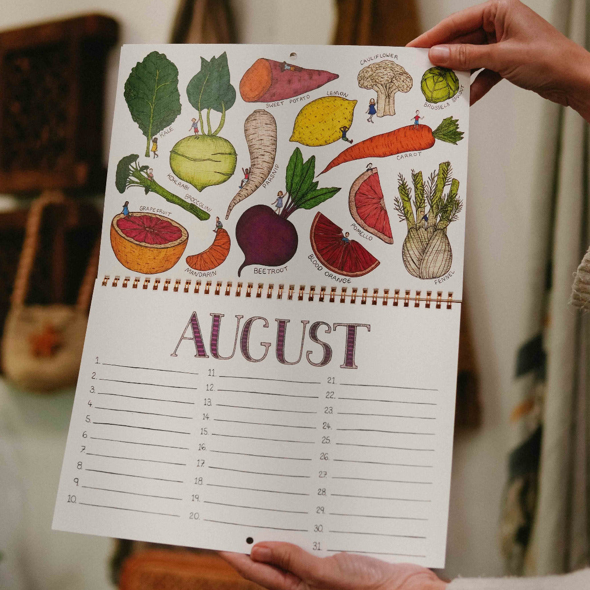Australian seasonal fruit and vegetable perpetual kitchen calendar featuring colourful hand-drawn illustrations by Melbourne artist Emily May.