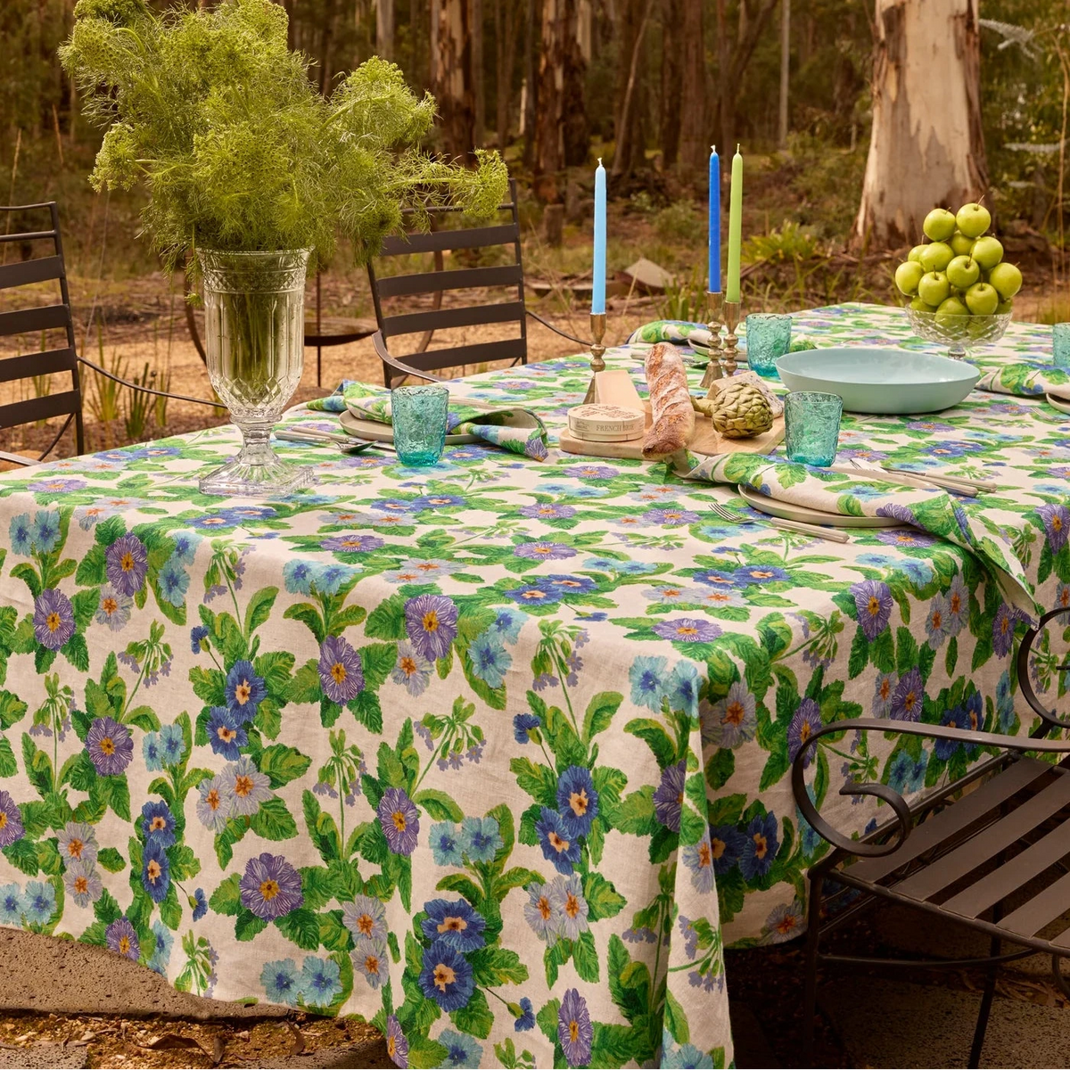 Bonnie & Neil Summer Patch Blue Linen Tablecloth with hand-drawn summer floral and foliage design on oat French flax linen